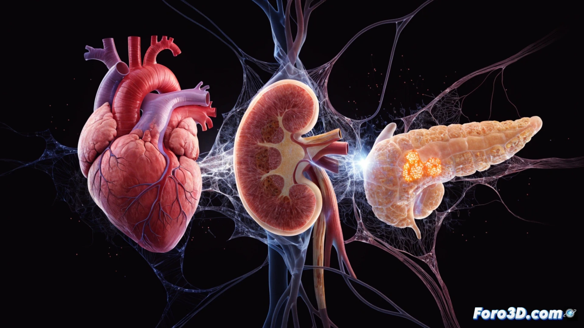 fotografía técnica cinematográfica de un corazón humano translúcido conectado por fibras luminosas rojas y azules a un riñón y un páncreas, mientras un diagrama de flujo digital muestra tres compartimentos separados con barreras opacas, un médico con bata blanca señalando una pantalla de monitor cardíaco y renal, hardware médico apilado en escritorios separados, estilo visual de ilustración técnica fotorrealista, iluminación dramática de quirófano, texturas metálicas y vítreas, fondo oscuro con gráficos de líneas de onda superpuestos
