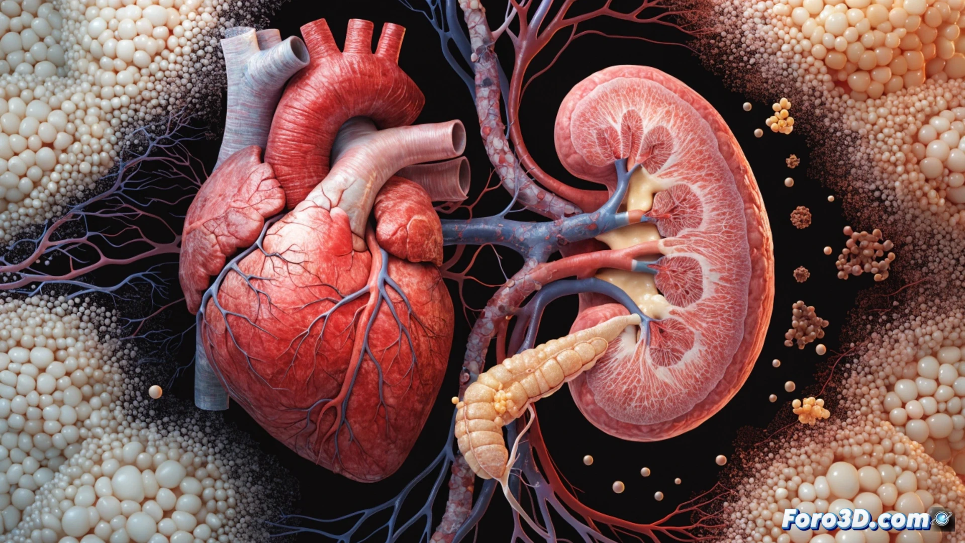 cross-sectional anatomical hologram showing interconnected human heart, kidney, and pancreas with glowing red diabetic vessels, medical team analyzing shared disease pathways on transparent digital screen, blood flow simulation through arterial networks linking all three organs, photorealistic medical visualization, dramatic blue operating room lighting, detailed tissue textures, fiber-optic neural connections highlighted in amber, sterile clinical environment, ultra-sharp technical illustration style