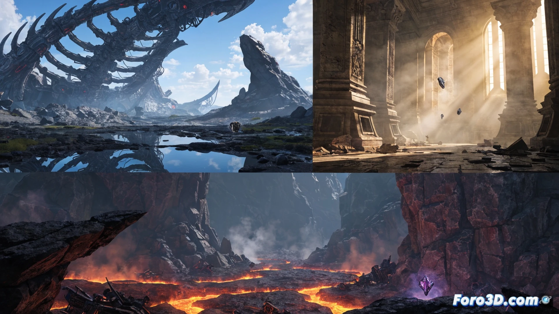 Three glowing alien artifacts floating in a dark EDZ cave, a Guardian’s hand reaching toward the first Strange Leftover while a Ghost hovers nearby, scanning particles, second artifact visible deeper in the cave near a rusted Fallen walker, third artifact on a Nessus rock ledge under Vex milk waterfalls, cinematic Destiny 2 technical illustration, photorealistic sci-fi lighting, blue energy trails connecting the objects, detailed armor textures, dramatic shadows, action of discovery mid-motion, ultra-detailed environment with moss and metal