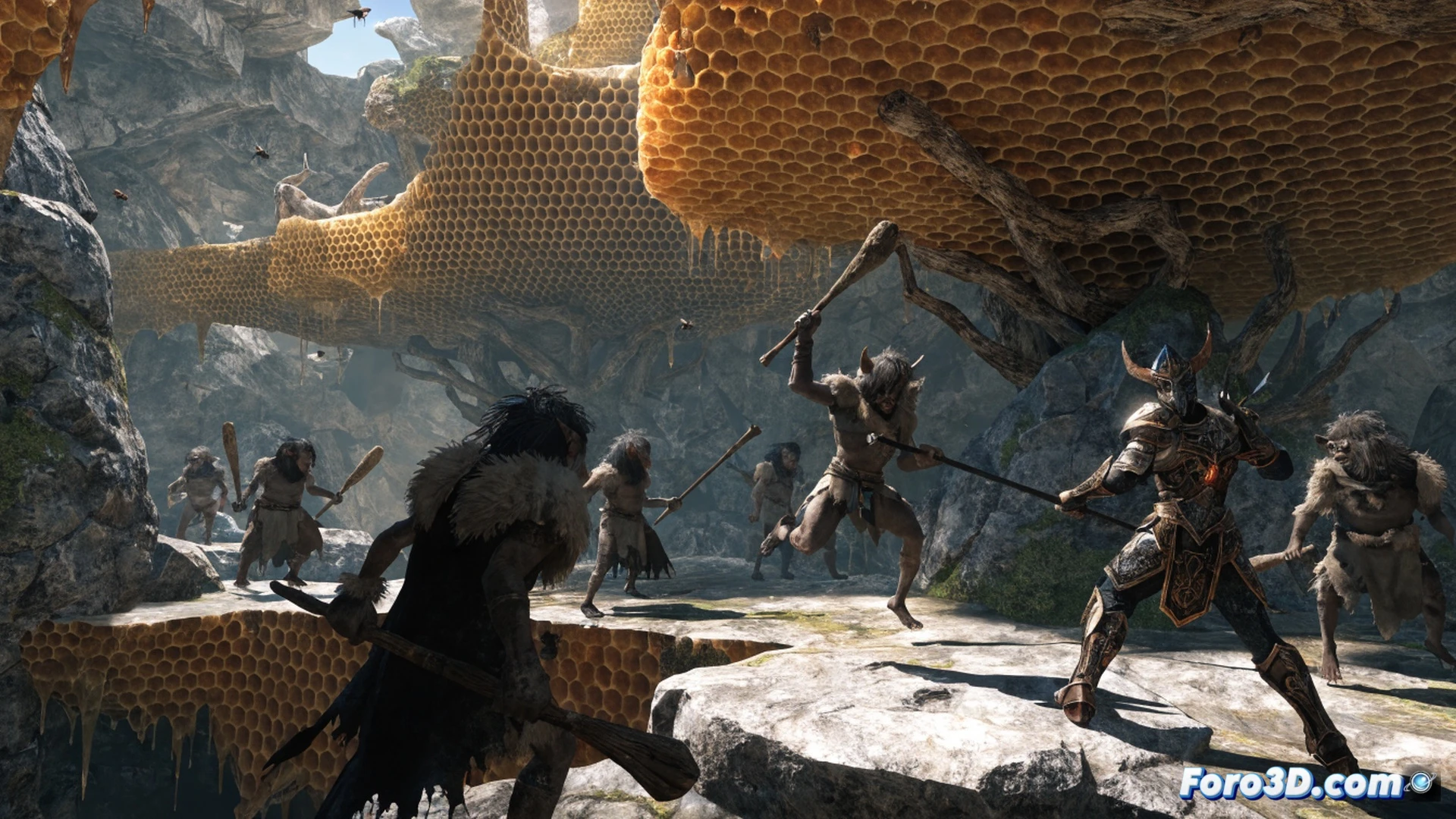 Froblin campamento R'hyrrgar al oeste de la torre Witchspire, un froblin nivel 15 cayendo al suelo soltando un brillante trozo de cera de abeja, otro froblin avanzando con armadura desgastada mientras el jugador sostiene un bastón encantado con runas verdes, fondo de tiendas de campaña y fogata humeante, hierba seca y rocas volcánicas, estilo cinematográfico técnico, iluminación dramática de atardecer, texturas detalladas de cuero y metal, sombras profundas, acción de combate congelada en el momento exacto del drop