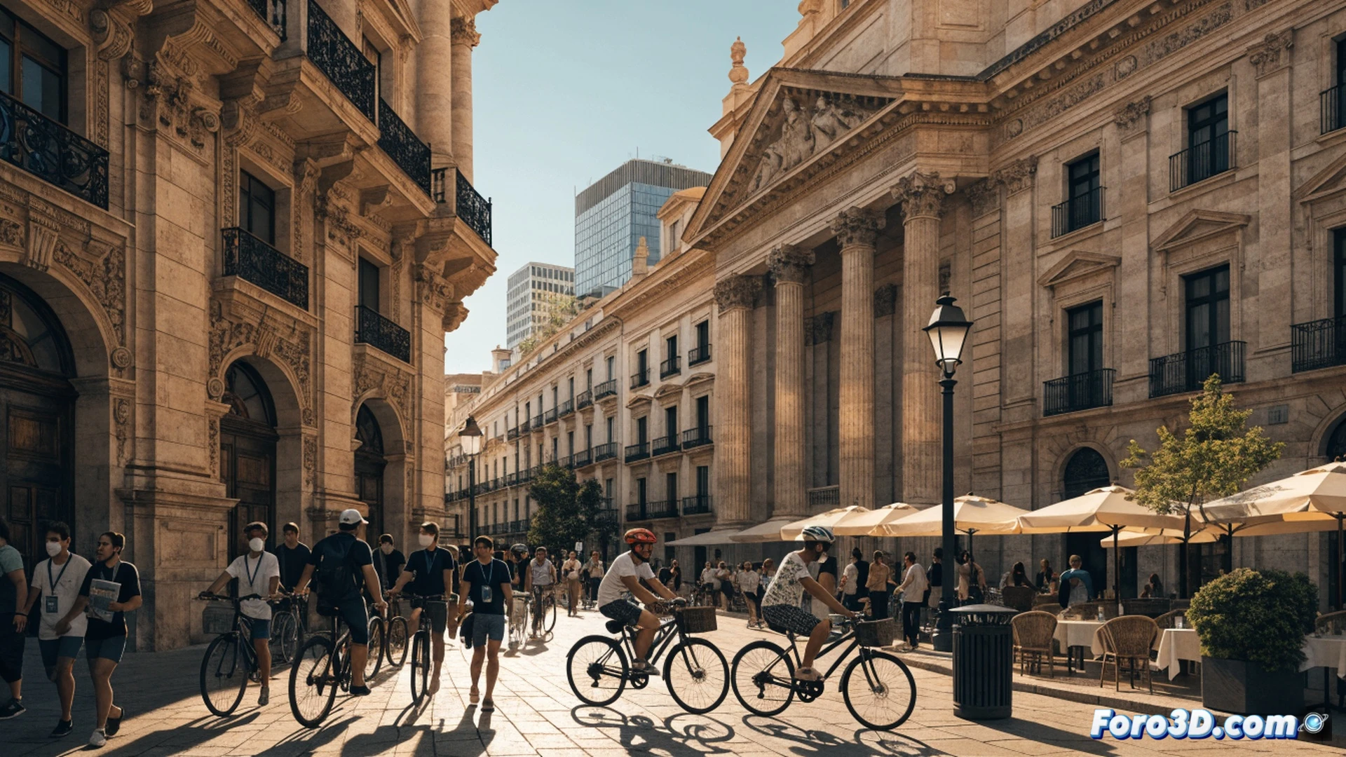 group of bicycles weaving through narrow historic cobblestone street in Seville, cyclists blocking pedestrian walkway, tourists walking while dodging bikes, a frustrated official tour guide in uniform holding a clipboard and pointing at a missing permit badge, guide's tablet showing a map of restricted pedestrian zones, chaotic overlapping bike wheels and handlebars, shadows of cyclists cast on ancient stone walls, cinematic photorealistic style, dramatic afternoon sunlight casting long shadows, high detail on bike spokes and cobblestone textures, wide-angle lens capturing tension between mobility and heritage