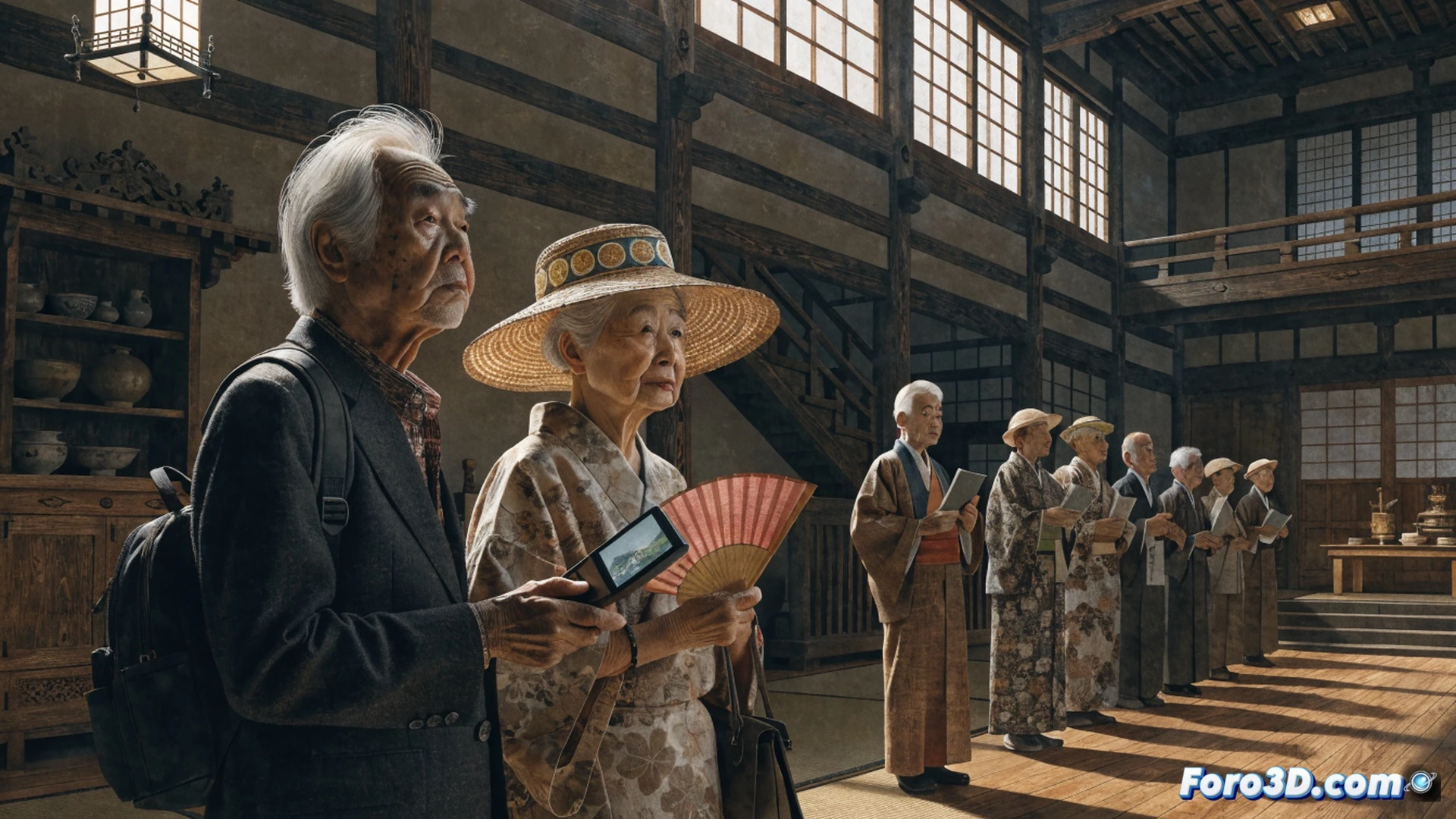 Elderly Japanese tour guide in formal uniform holding a tablet showing a digital map, leading a small group of foreign tourists through a busy Tokyo street intersection, while counting change from a worn leather wallet in their other hand, Shibuya crossing background with neon signs blurred, silver hair visible under cap, walking cane resting against hip, photorealistic cinematic style, warm golden hour lighting contrasting with cool blue digital screen glow, deep depth of field showing modern glass buildings and historic temple roof in same frame, action of multitasking during guiding process, high detail on wrinkled hands and digital interface