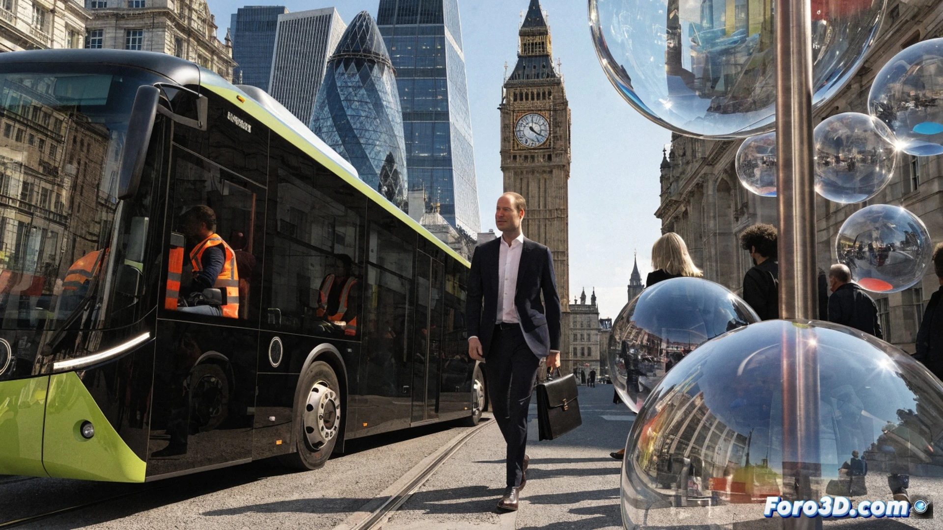 modern electric bus arriving at London climate event, Prince William stepping out while holding a tablet displaying Earthshot emissions data dashboard with 18 million tonnes reduction metric, bus charging port connected to urban charging station, clean energy infrastructure visible, background showing reduced car traffic and improved air quality visualization, dramatic cinematic lighting highlighting sustainable transport solution, photorealistic technical illustration, realistic urban environment with green technology elements, action of demonstrating real climate solutions, detailed bus mechanical components and charging system, ultra-realistic textures and reflections