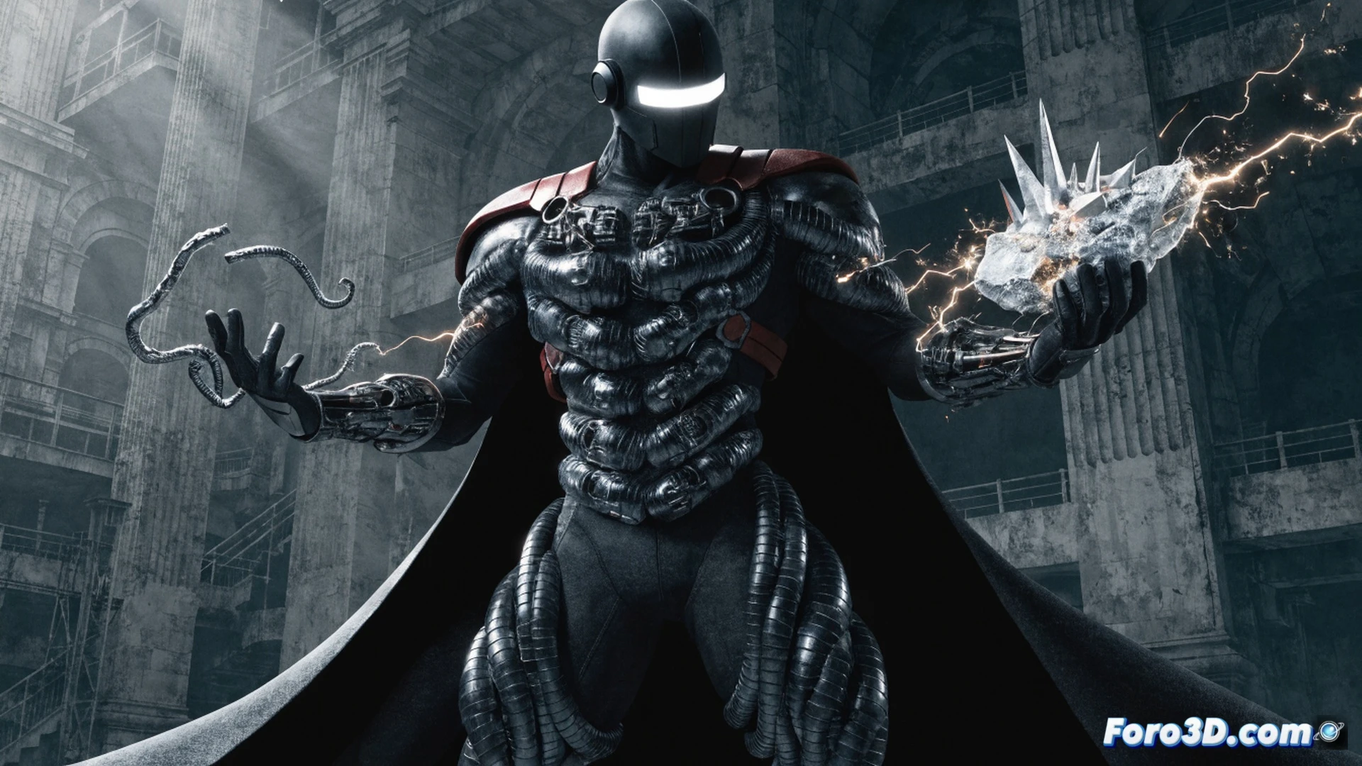 A muscular man in a tactical suit standing in a dark alley, holding a steel pipe that morphs into a smoking handgun with glowing orange energy lines along its surface, sparks flying from the transformation process, shattered concrete debris mid-air, holographic blueprints of weapon schematics floating around him, cinematic action pose, dramatic side lighting, photorealistic technical illustration, metallic textures, gritty urban environment, rain-slicked ground reflecting neon glows, ultra-detailed mechanical components mid-transition