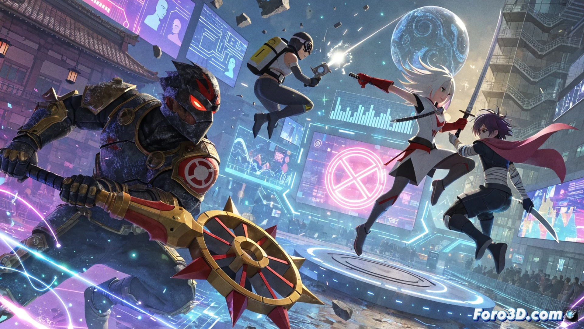 Anime Expo 2026 convention floor, attendees holding Nintendo Switch 2 consoles while playing Ninjala 2 demo at GungHo booth, large screen showing vibrant ninja battle gameplay with glowing weapons and particle effects, staff distributing branded merchandise like t-shirts and mugs near a prize draw box, crowd cheering during action, cinematic game event photography style, neon-lit stage with dynamic lighting, ultra-detailed crowd and booth elements, photorealistic convention scene