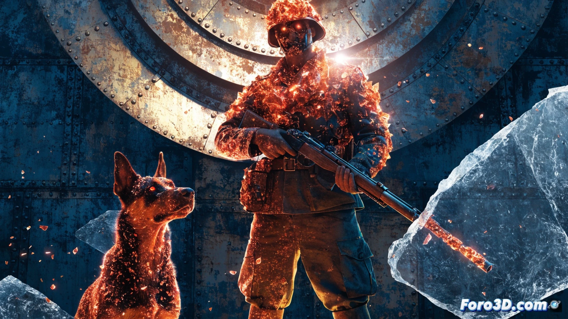 Gunner y Sarge durante una emboscada nocturna en un bosque europeo de 1944, el pastor alemán Gunner saltando con mandíbulas brillantes por energía meteórica mientras Sarge dispara un fusil M1 Garand modificado con un visor de cristal alienígena, fragmentos de meteorito incrustados en sus mochilas emitiendo un resplandor azul, balas trazadoras atravesando la niebla, hojas y barro levantados por la explosión de una granada cercana, estilo cinematográfico de cómic bélico con textura granulada de impresión vintage, iluminación dramática de foco de búsqueda, composición dinámica de acción congelada, photorealistic technical illustration