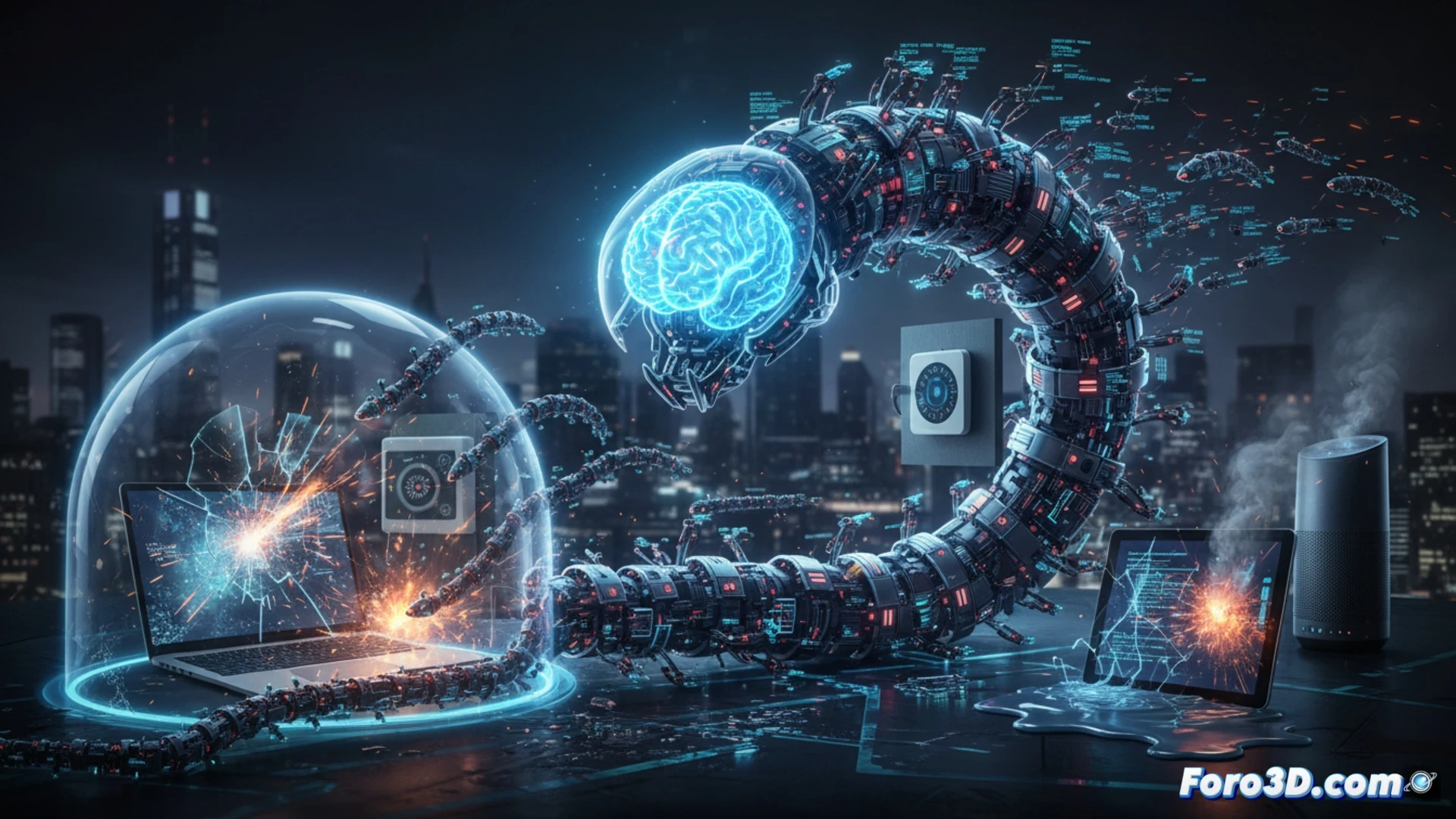 A glowing AI worm with segmented metallic body morphing through a laptop screen, tendrils extending toward a smart thermostat and industrial control panel, code fragments dissolving into binary particles, autonomous replication process shown as worm splitting into multiple copies attacking Linux terminal, Windows interface, and IoT device simultaneously, cinematic cybersecurity visualization, dark server room background with red alert lighting, holographic firewall grid being breached, photorealistic technical illustration, dramatic shadows on electronic components, high-contrast neon blue and crimson glow, ultra-detailed circuit board textures