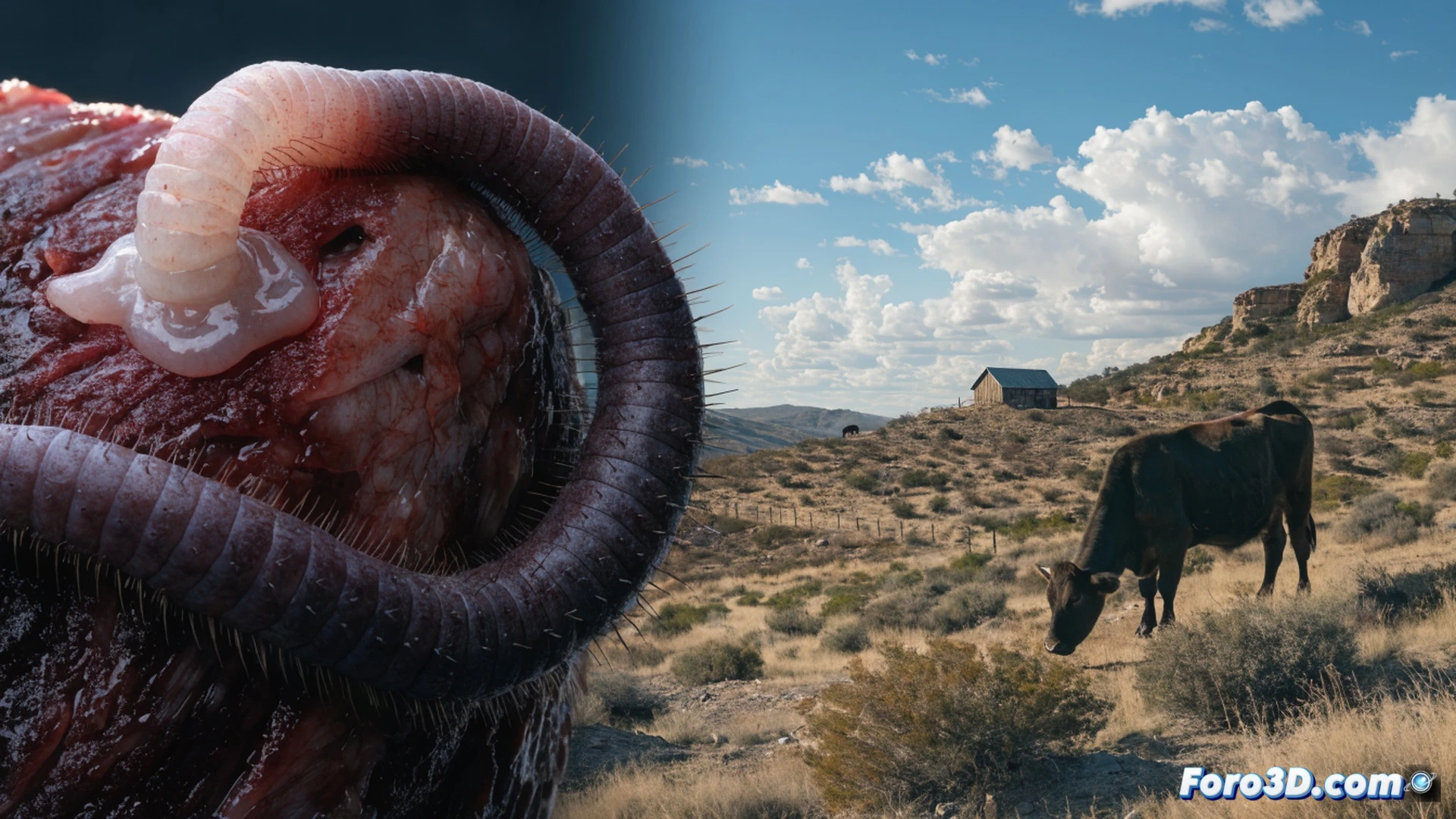 close-up macro shot of a parasitic worm burrowing into raw muscle tissue on a cattle carcass, surgical forceps gripping the worm, metallic veterinary tools on sterile blue background, droplets of blood and tissue fluid, hyper-realistic medical illustration style, dramatic shadow contrast, clinical white lighting, textured organic surfaces, scientific specimen photography aesthetic, high detail on segmented worm body and tissue damage, sterile laboratory environment