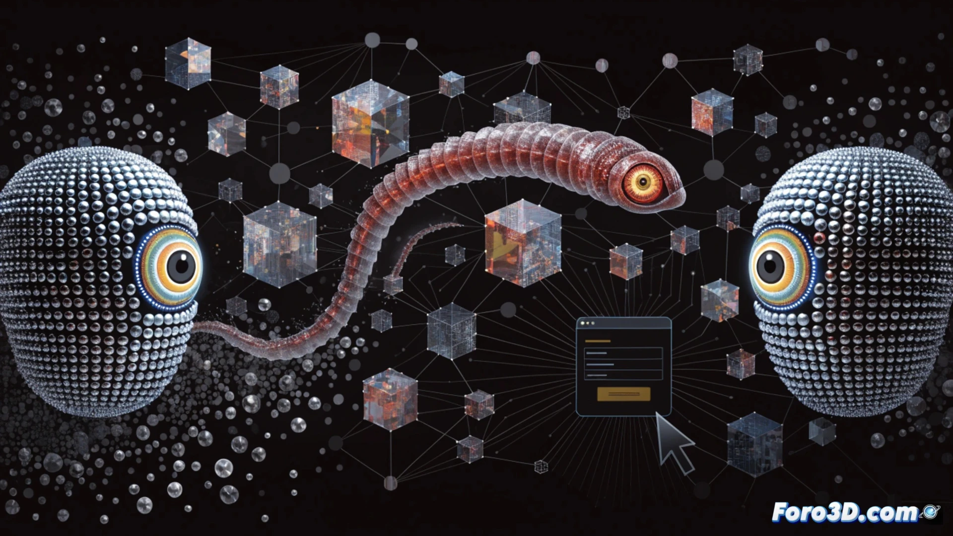 cinematic cybersecurity visualization, a glowing worm-shaped code strand replicating across multiple connected server racks, phishing email with a fake AI agent interface opening on a compromised monitor, data streams leaking from a neural network processor, red alert indicators flashing on network switches, malicious code crawling through fiber optic cables, dark blue and red lighting, photorealistic technical illustration, ultra-detailed hardware components, dramatic action during the attack process