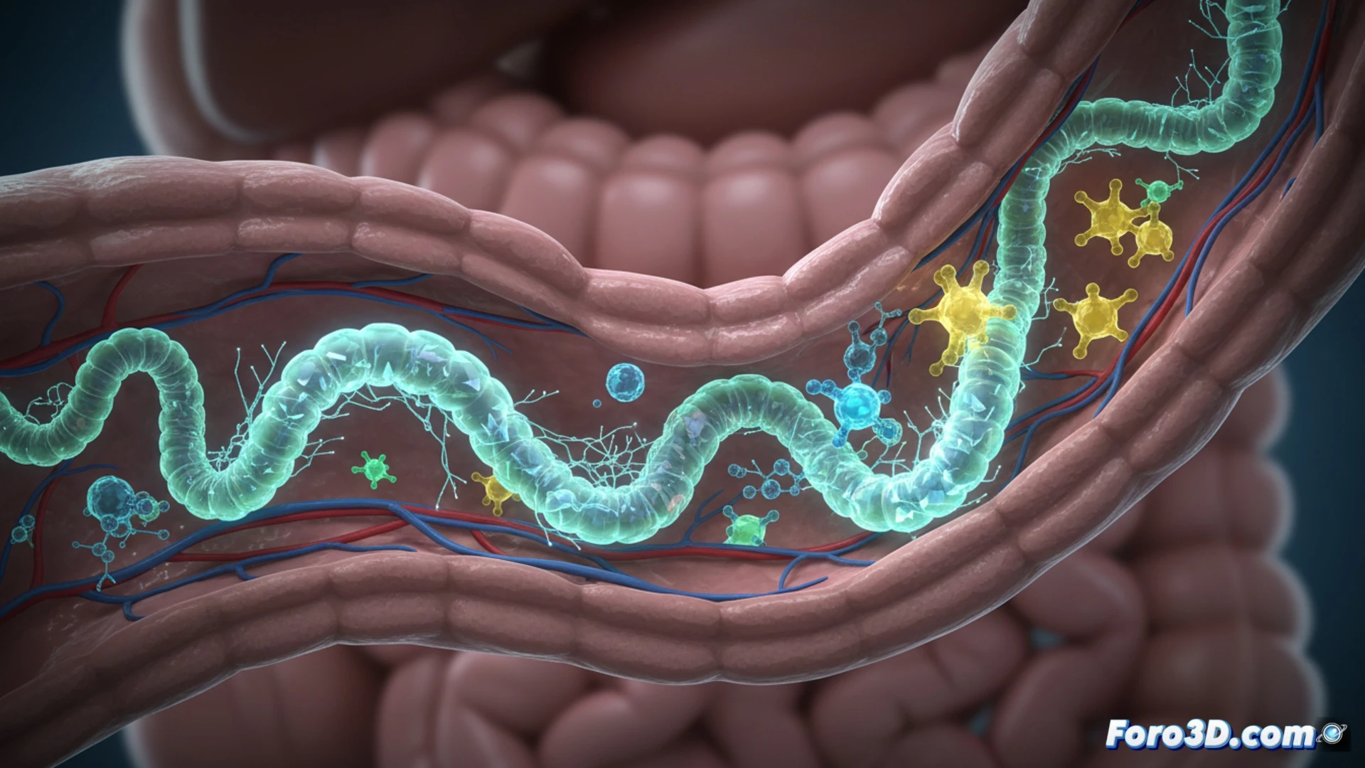 Microscopic view of a genetically modified parasitic worm inside human intestinal lining, worm body glowing with bioluminescent markers while secreting antibody particles into surrounding blood vessels, antibodies traveling through capillary walls into bloodstream, technical medical illustration style, photorealistic render, cellular structures visible, immune cells interacting with glowing particles, soft internal body lighting, high detail tissue textures, cross-section showing intestinal wall layers, process of drug delivery demonstrated in real-time, cinematic scientific visualization