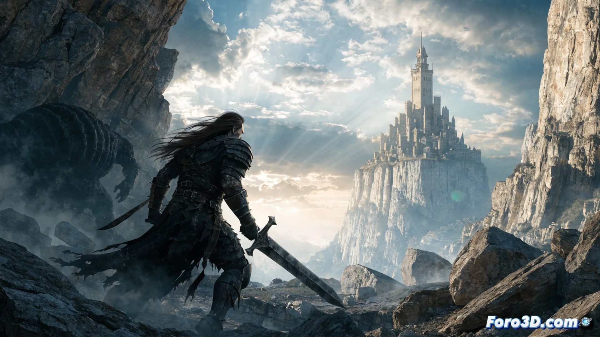Guts de pie sobre una colina rocosa al atardecer, empuñando su enorme espada Dragon Slayer mientras un viento levanta su capa desgarrada, Falconia al fondo con murallas doradas y torres puntiagudas, grietas luminosas recorriendo su brazo metálico y la espada durante la activación de su fuerza, fragmentos de cadenas rotas esparcidos a sus pies, nubes de tormenta iluminadas por rayos distantes, estilo cinematic epico, iluminación dramatica naranja y azul, texturas detalladas de armadura desgastada y acero, photorealistic fantasy render, alta definicion, accion congelada en el momento del avance
