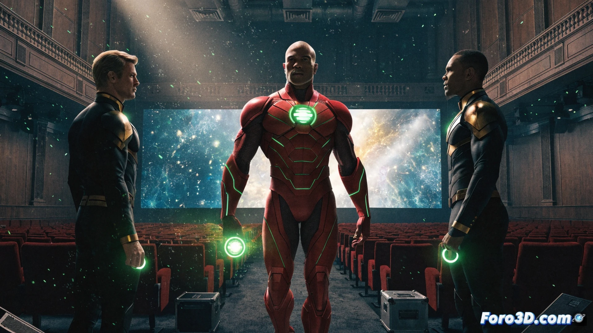 green energy ring glowing on Guy Gardner s fist mid-punch, breaking through a holographic DC timeline display showing Superman 2025 and Lanterns 2026 dates, shattered fragments of digital calendar panels floating around, cinematic superhero action shot, dramatic side lighting, glowing emerald energy trails, photorealistic technical illustration, metallic ring texture with intricate circuitry patterns, motion blur on impact, debris particles with neon green highlights, high-contrast dynamic composition, ultra-detailed sci-fi aesthetic