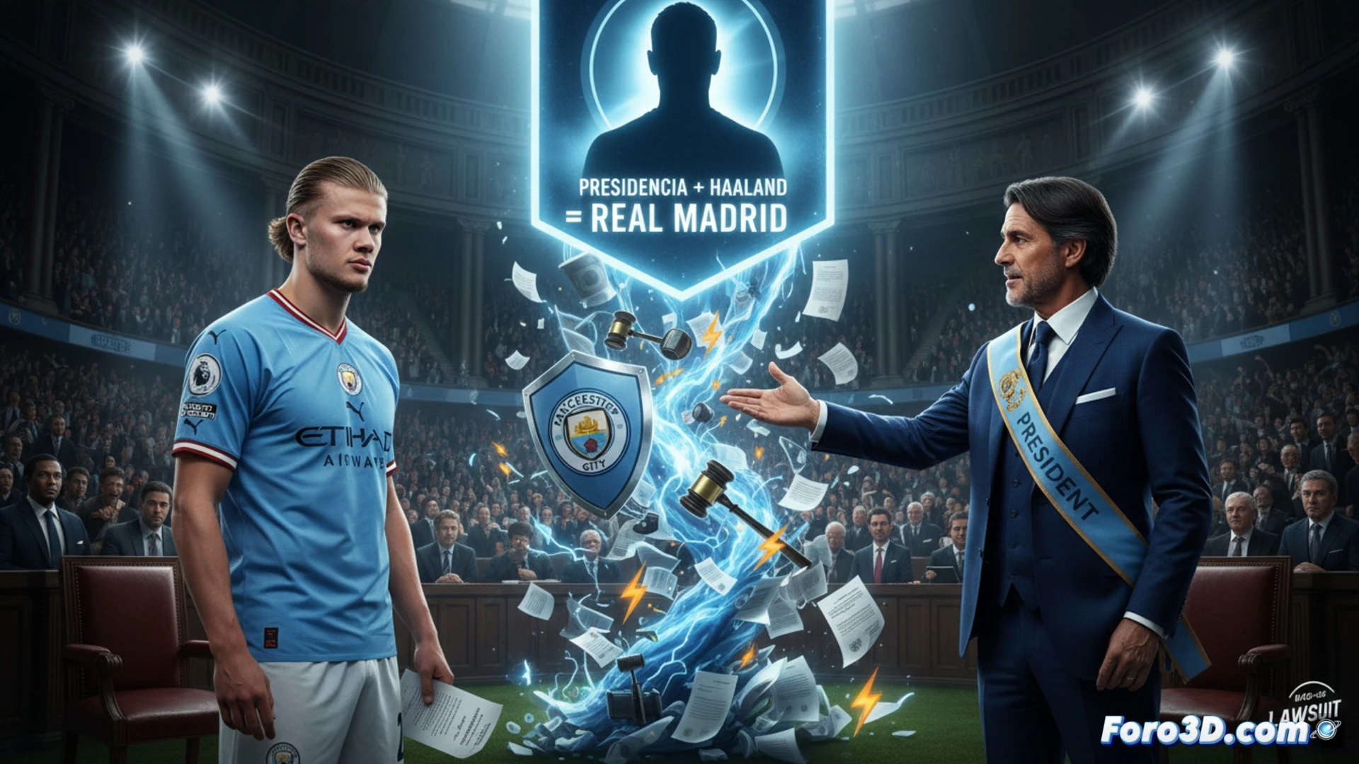 three-dimensional courtroom hologram display, football transfer contract document being torn in half by a robotic hand, Manchester City skyline visible through window, Haaland silhouette in blue jersey fading into digital code, Riquelme figure in suit pointing at legal papers, while a gavel strikes a glowing blockchain ledger, cinematic photorealistic style, dramatic shadows, blue and gold lighting, ultra-detailed textures, legal symbols floating mid-air, high-contrast technical illustration
