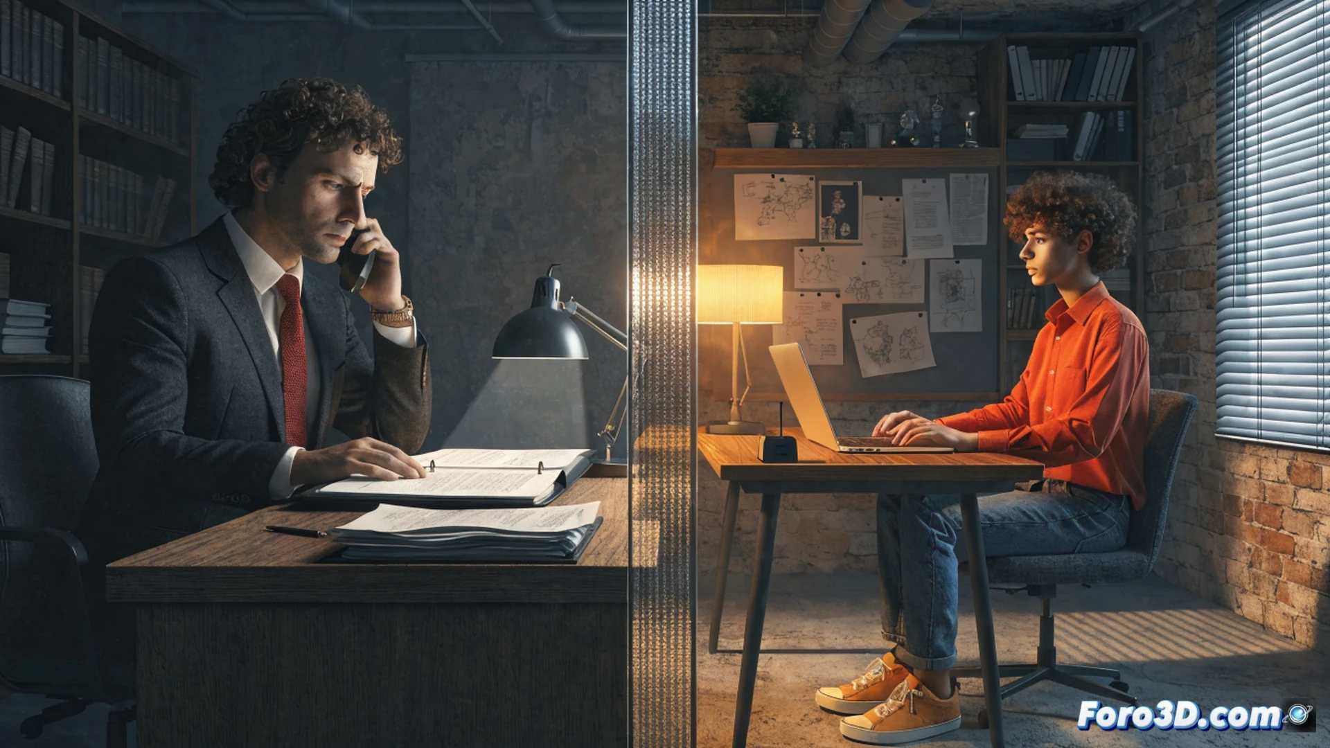 photorealistic technical illustration of a frozen bank account screen on a tablet, a handcuffed contract document being blocked by a judicial seal, a self-employed worker using a laptop with active service invoices, Hacienda logo on a broken chain link, warm office lighting, cinematic composition, legal and economic stability theme, ultra-detailed textures, dramatic shadows, photorealistic render