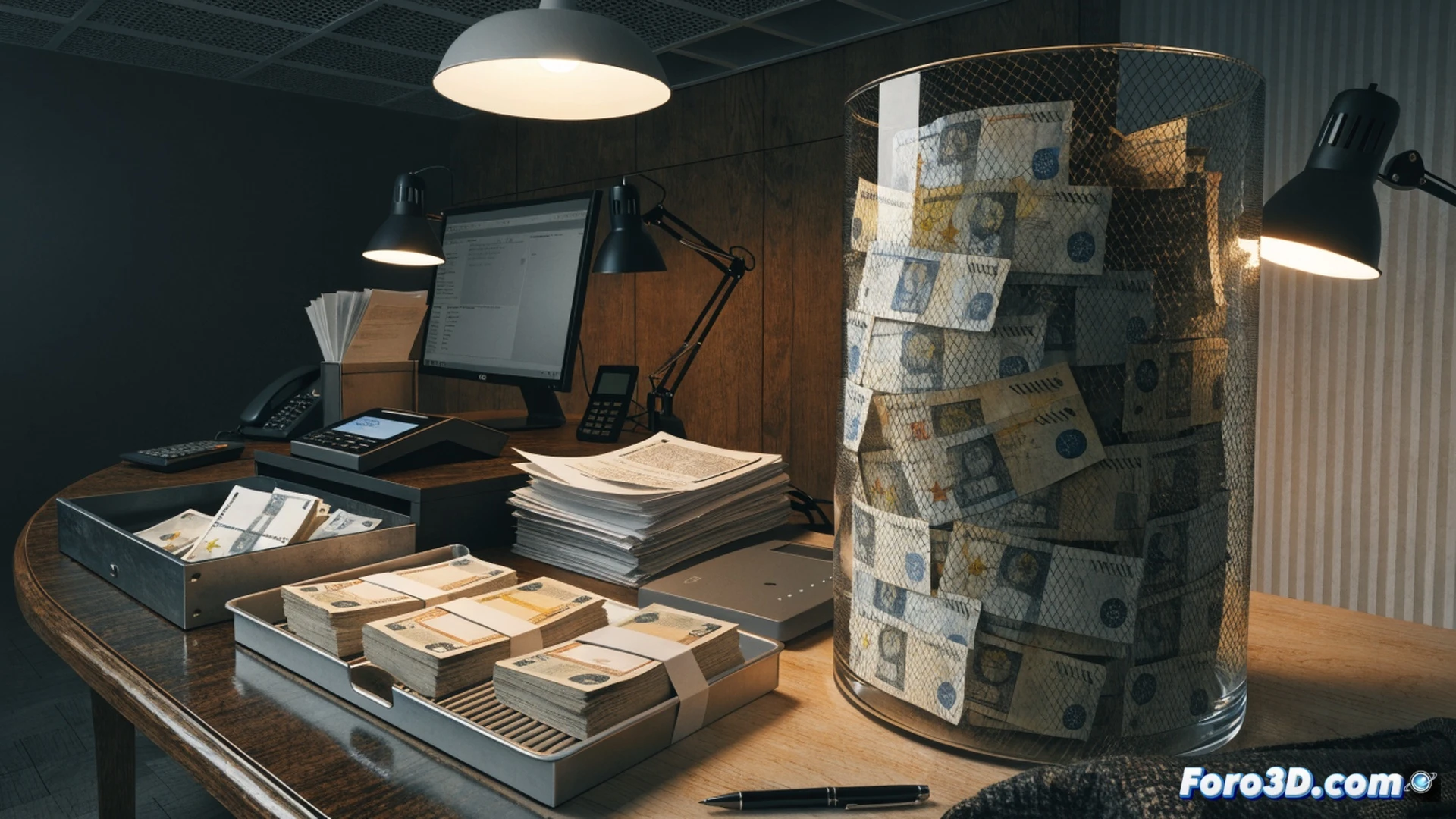 photorealistic scene of a person at an ATM, withdrawing a thick stack of euro banknotes, a digital surveillance camera with glowing red LED clearly monitoring the transaction from above, a smartphone screen showing a banking app alert reading transaction limit warning, a tax inspector badge and official document with a red stamp visible on the counter, dark marble floor, cold blue-white lighting, cinematic angle, high detail on banknotes and machine interface, tense atmosphere, ultra-realistic technical illustration