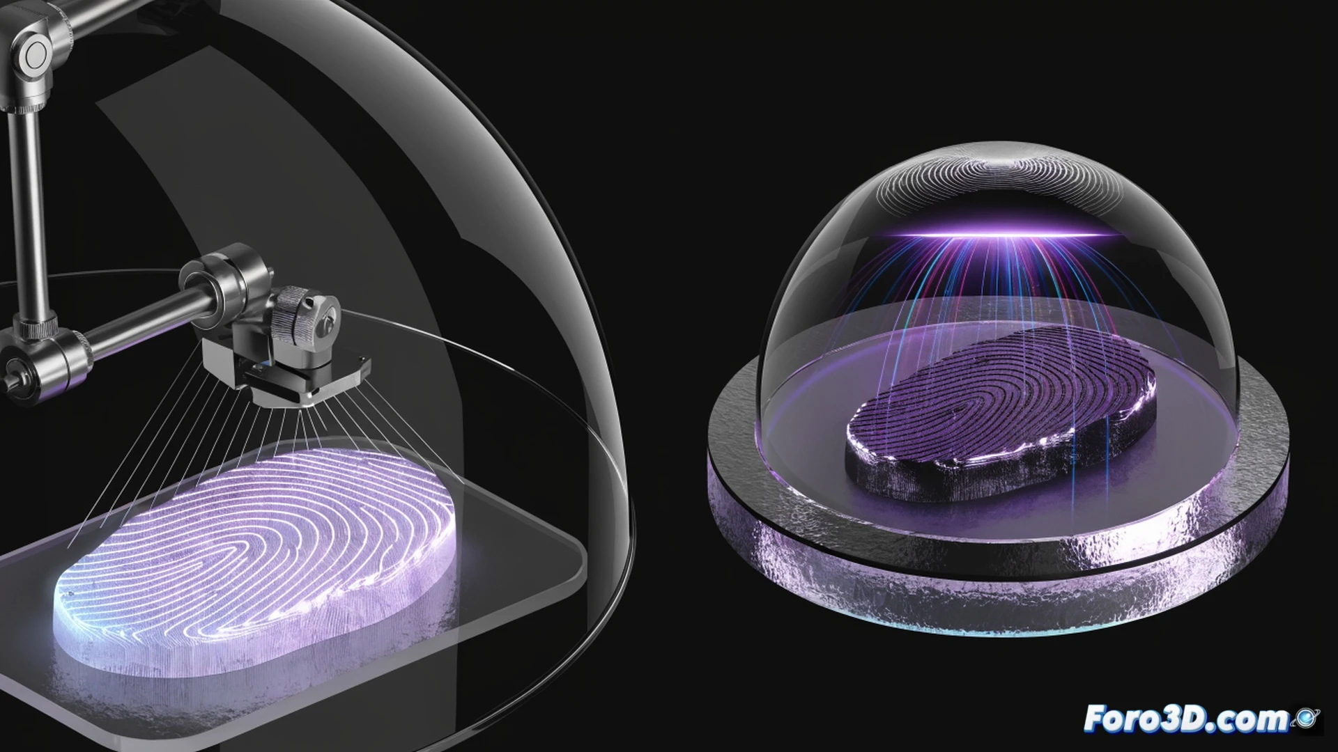 close-up shot of a 3D scanner capturing a fingerprint on a glass surface, blue laser grid mapping ridge patterns, adjacent UV curing lamp illuminating a translucent elastomer replica being peeled from a mold, realistic fingerprint texture forming on the flexible material, scattered modeling tools and calibration cubes on a lab bench, cinematic engineering visualization, dramatic side lighting highlighting microscopic surface details, metallic biometric reader in background with red LED indicator, photorealistic technical render, shallow depth of field