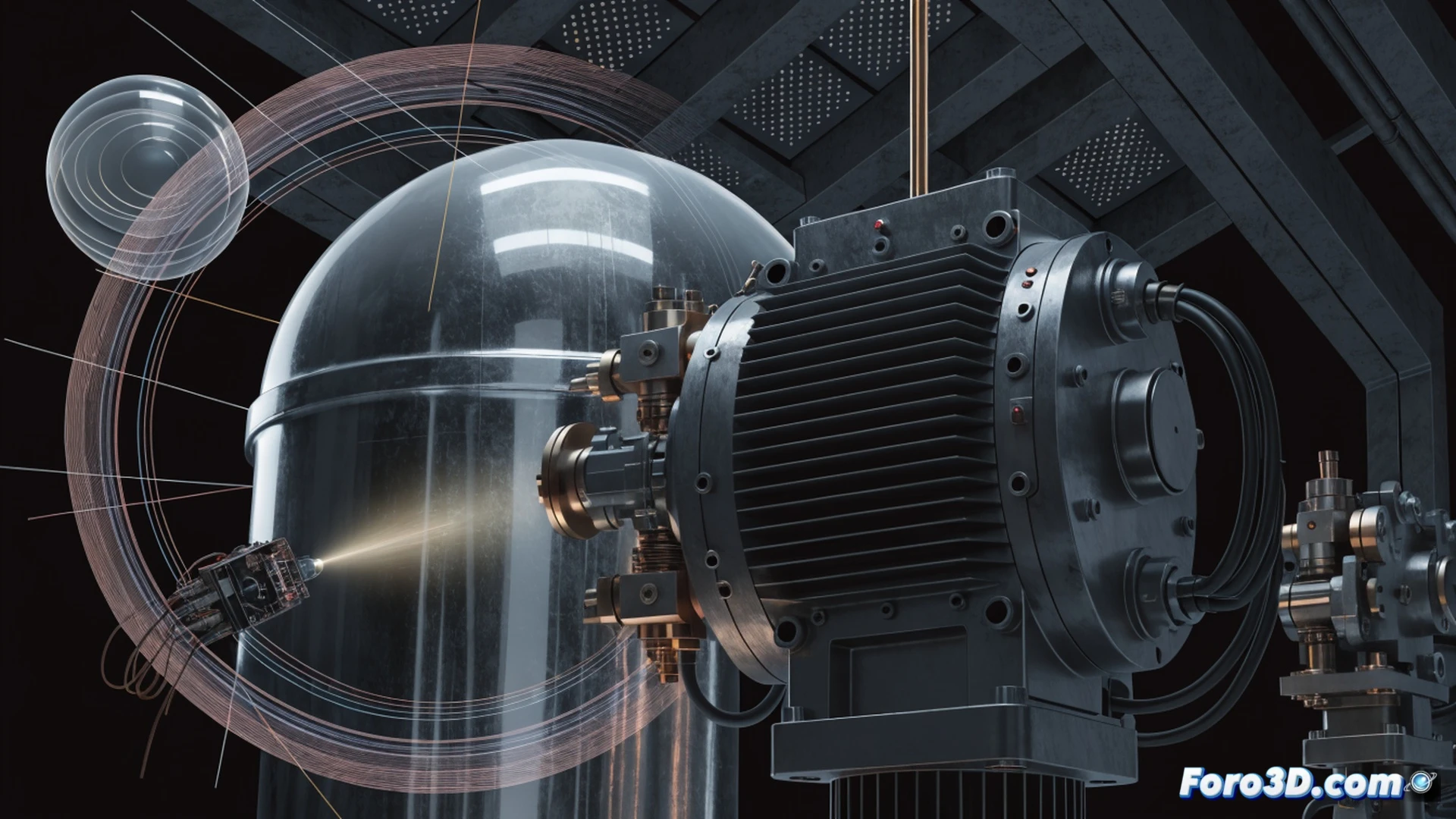Micro-vibraciones remotas atacando un servomotor químico industrial, ondas de resonancia invisibles deformando el eje metálico y causando microfisuras en engranajes internos, mientras un brazo robótico sostiene una sonda de medición Mitutoyo sobre la pieza dañada, pantalla de simulación Ansys flotante mostrando frecuencias de fatiga en tiempo real, laboratorio técnico con luces LED azules, desgaste progresivo visible en superficie pulida, polvo microscópico desprendiéndose durante el proceso, estilo cinematic photorealistic, enfoque nítido en grietas y ondas de vibración, fondo oscuro con reflejos metálicos, engineering visualization ultra-detallada.