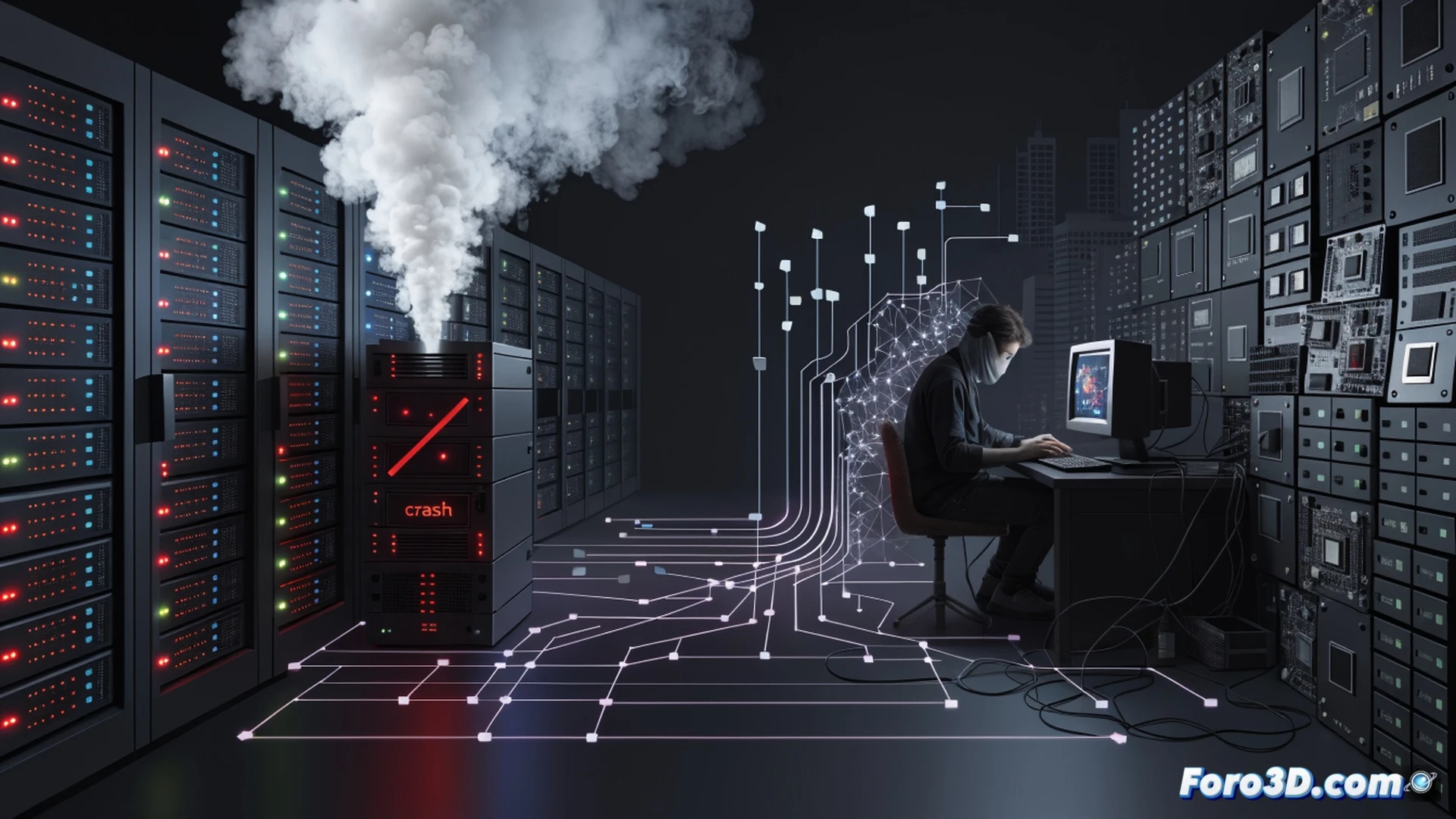 Cyberpunk hacker workspace showing a laptop with Tailscale VPN interface glowing green, terminal window with OpenSSH encrypted tunnel connecting to a crashed server icon fading to grey, data streams bypassing the dead node through mesh network nodes, cinematic technical illustration, dark room with blue and orange neon light reflections on glasses, hands typing rapidly, floating holographic network topology map showing resilient P2P connections, broken firewall pieces crumbling, photorealistic render, dramatic shadows, glowing circuit traces on desk, motion blur on keystrokes, ultra-detailed keycaps and cable management