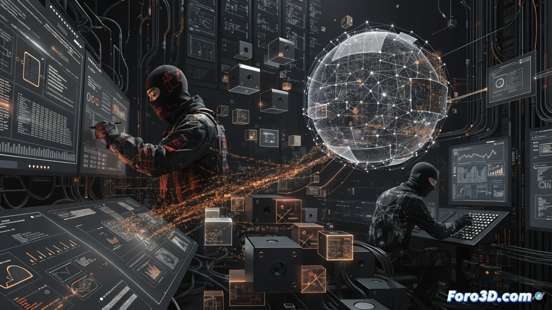 Technical illustration of Google Workspace admin panel interface, automated email forwarding rule being created by cursor arrow, intercepted emails flowing from inbox to external server icon, glowing red warning symbols on sensitive documents labeled defense research, network traffic visualization showing data packets bypassing security layers, cinematic cybersecurity scene with dark blue background, holographic globe showing China region highlighted, binary code streams in background, photorealistic digital forensics style, dramatic lighting with neon blue and red accents, ultra-detailed interface elements and server rack hardware in background