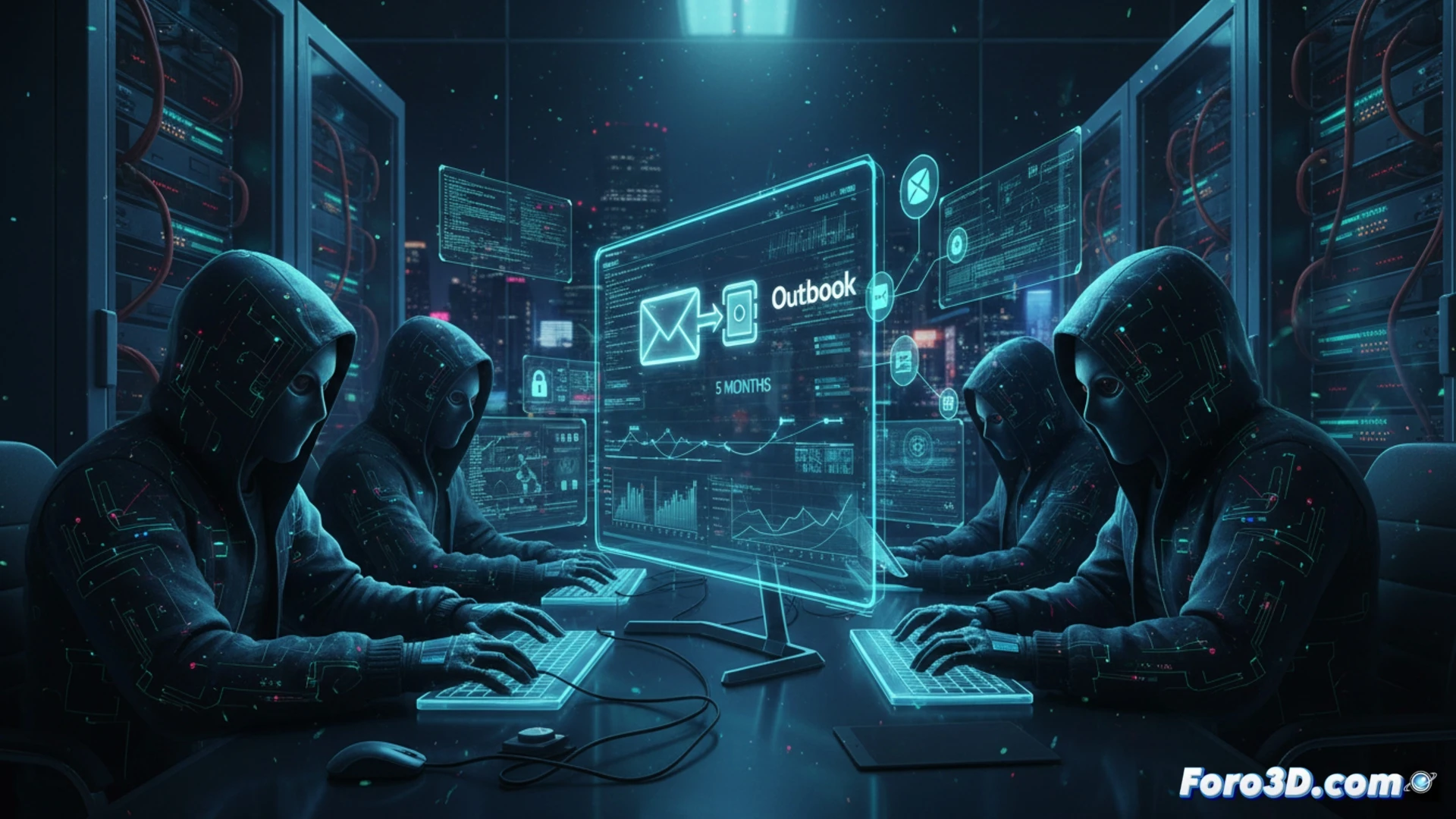 cyber intrusion scene inside a corporate IT server room, hacker visually represented as a glowing blue silhouette accessing an executive email interface on a monitor, Outlook inbox displayed with financial transaction data, timeline graphic showing five months of access in the background, network cables and firewall equipment blinking with red warning lights, security logs scrolling on secondary screens showing unauthorized entry, photorealistic cinematic visualization, dark metallic server racks, intense dramatic lighting with cyan and red highlights, motion blur on data streams, ultra-detailed hardware components, technical illustration style