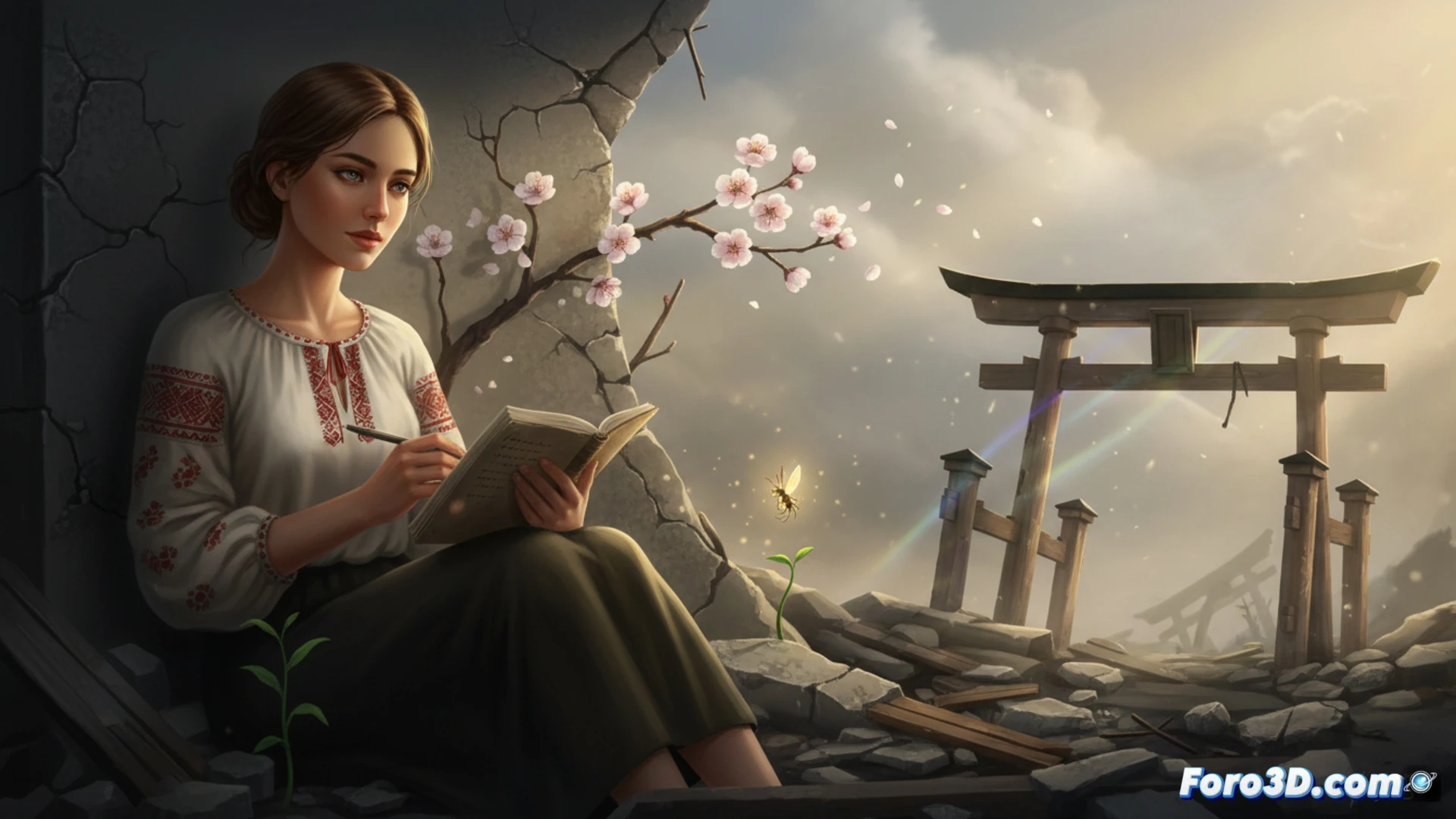 Ukrainian poet writing haikus on a cracked tablet screen amid a bombed-out library, broken bookshelves behind her, sunlight filtering through a shattered window illuminating dust particles, one hand holding a pen over a paper notebook, the other typing on damaged keyboard, war-torn concrete walls with exposed rebar, a single wildflower growing from a cracked floor tile, cinematic photorealistic style, dramatic chiaroscuro lighting, warm golden light contrasting with cold gray destruction, emotional stillness during chaos, detailed textures of rubble and paper, ultra-realistic rendering