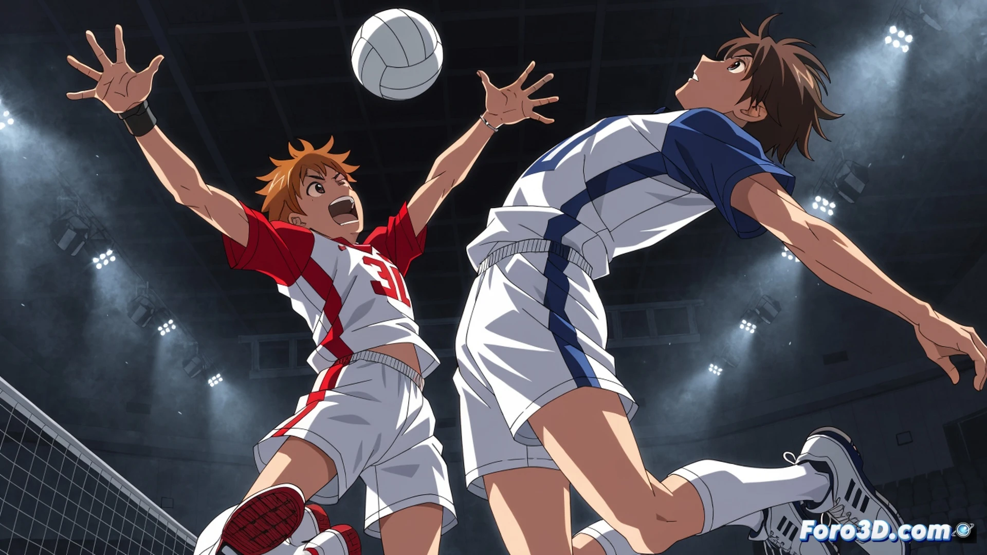 Young male volleyball player leaping high above a net, arm cocked for a spike, sweat droplets frozen mid-air, teammates in dynamic crouched positions below, gymnasium wooden floor reflecting harsh overhead lights, net mesh distorting from impact force, athletic shoes gripping polished surface, motion blur on background players, dramatic sunset light streaming through high windows, cinematic sports photography style, hyperrealistic muscle definition, tension visible in fingers and facial expression, dust particles illuminated in air, technical dynamic pose study, high contrast dramatic lighting, photorealistic athletic action scene