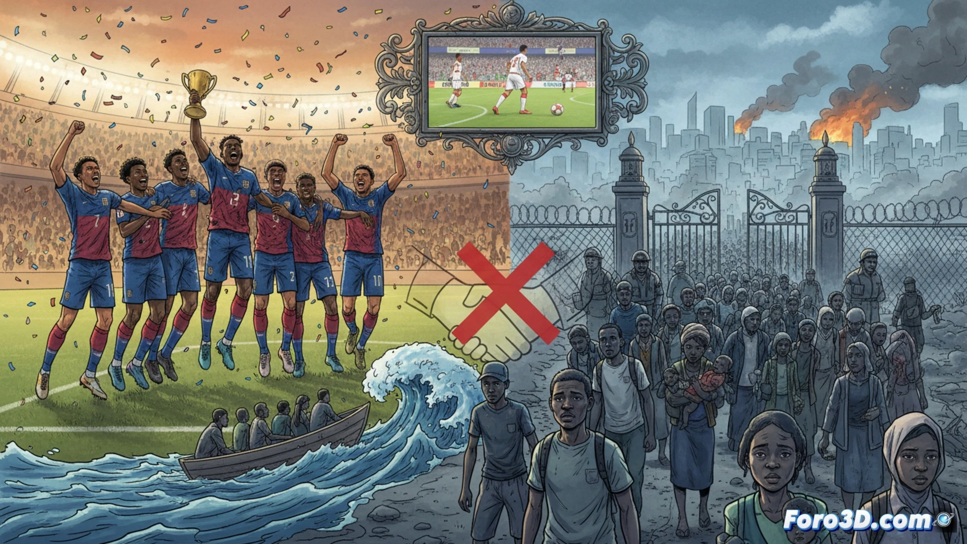Soccer ball mid-air inside a crumbling stadium with cracked concrete walls, foreground shows a family fleeing through a broken turnstile carrying plastic bags and a child, background reveals a collapsed bridge and smoke rising from shantytowns, cinematic photorealistic scene, dramatic chiaroscuro lighting, motion blur on the ball and running figures, debris scattered across the field, rusted goalpost with barbed wire wrapped around it, ultra-detailed textures of shattered stone and torn fabric, wide-angle lens capturing the contrast between celebration and desperation, hyperrealistic disaster documentary aesthetic