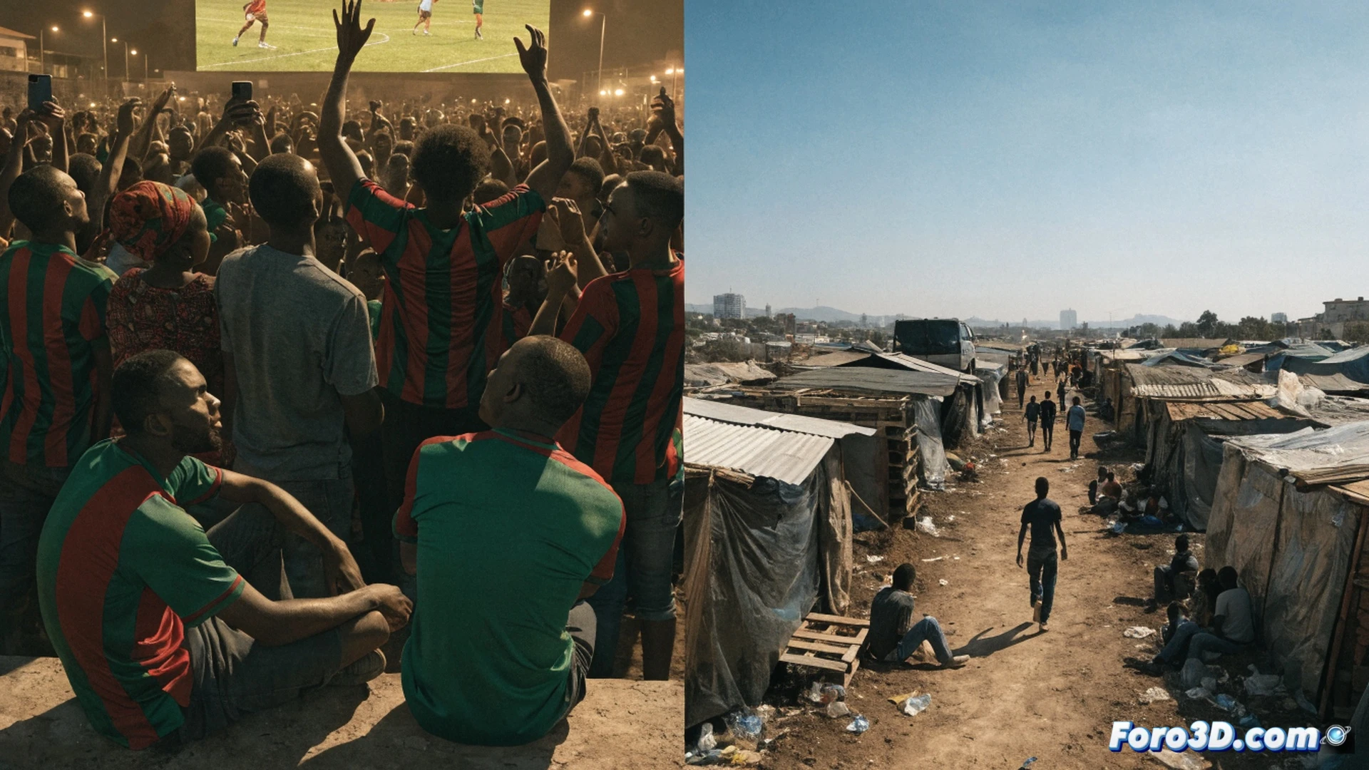 Haitian national football team warming up on a rain-soaked Boston pitch, players in red and blue jerseys passing a worn leather ball while distant stadium lights illuminate a crowd of Haitian diaspora holding flags, a broken satellite dish antenna leaning against a rusted chain-link fence in foreground, cinematic photorealistic style, dramatic overcast sky, reflections on wet grass, contrast between joyful athletic movement and decaying urban infrastructure, wide-angle lens capturing both field and surrounding industrial buildings, emotional tension visible in players expressions, technical detail on jersey fabric textures and boot studs gripping turf