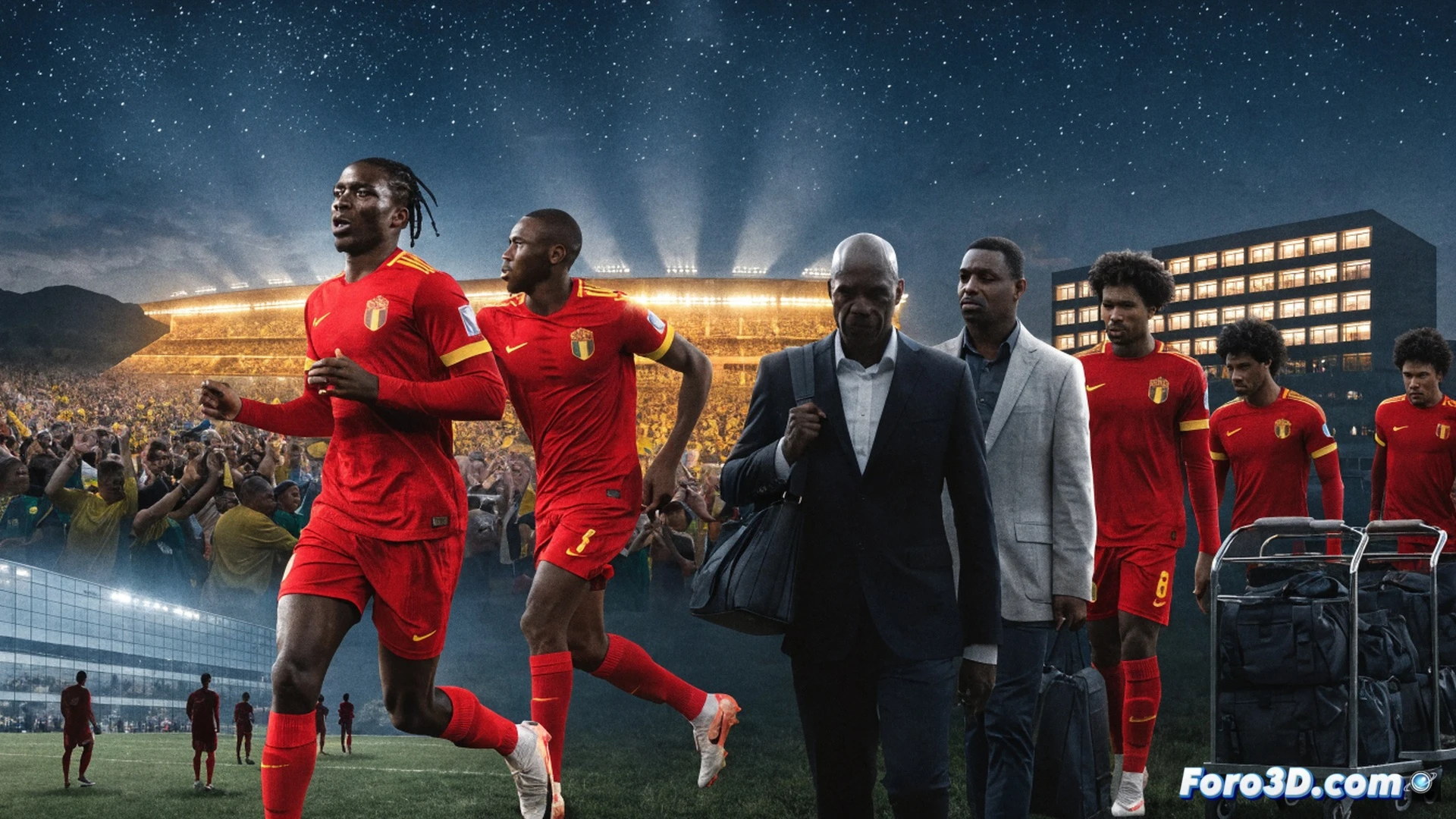 Haitian football players in red jerseys walking off the field at sunset, stadium floodlights casting long shadows, one player kneeling and touching the grass with both hands while looking back at the goal net, another player gripping a torn captain armband, Brazilian players celebrating in distant background with arms raised, emotional contrast between joy and dignified defeat, cinematic photorealistic sports photography, wide-angle lens, dramatic golden hour lighting, sweat droplets visible on skin, grass stains on uniforms, deep emotional atmosphere, ultra-detailed stadium architecture, motion blur on celebrating figures, hyperrealistic textures of fabric and turf