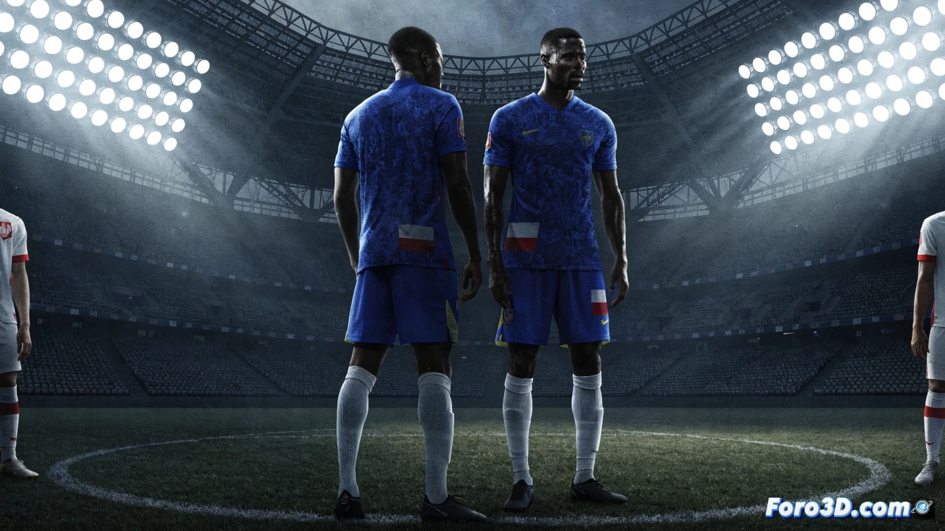 Haití futbolista sosteniendo uniforme azul claro, detalle de cadera derecha mostrando bandera pequeña blanca y roja, mesa con tableta digital mostrando revisión FIFA, dedo señalando el parche, fondo de vestuario con banderas haitianas colgadas, expresión de sorpresa en el rostro, luz de estudio dramática, textura de tela deportiva visible, photorealistic sports editorial photography, conflicto diplomático visualizado a través del gesto de revisión técnica