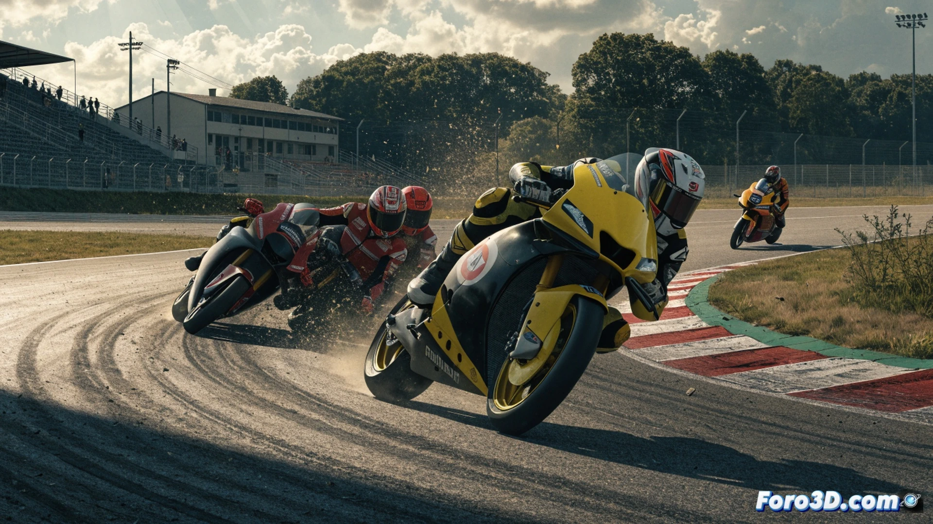 Moto3 race action shot, Hakim Danish motorcycle overtaking multiple riders on a tight corner, rear wheel sliding near gravel trap, two Spanish bikes touching fairings mid-turn, smoke from tire contact, track barriers and grandstand in background, cinematic race photography style, motion blur on wheels and asphalt, dramatic sunset lighting on helmets and leathers, dust particles kicked up, ultra-detailed racing mechanics, photorealistic motorsport visualization