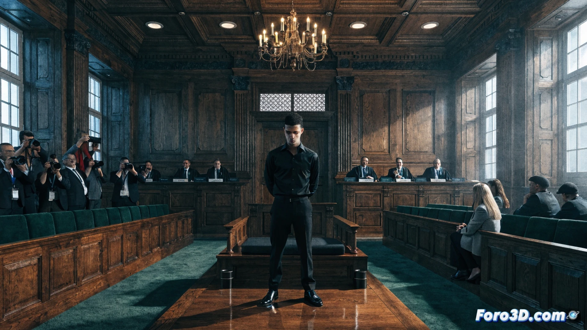 photorealistic courtroom scene, a judge's gavel striking a sound block mid-air, motion blur on impact, a legal document with seal and signature being stamped, a football player silhouette standing behind a lawyer in a glass reflection, modern courthouse architecture with marble columns, dramatic chiaroscuro lighting from high windows, law books and case files stacked on a wooden table, a digital evidence screen showing a blurred passport and court citation, technical legal visualization, cinematic 8k render, realistic shadows and textures