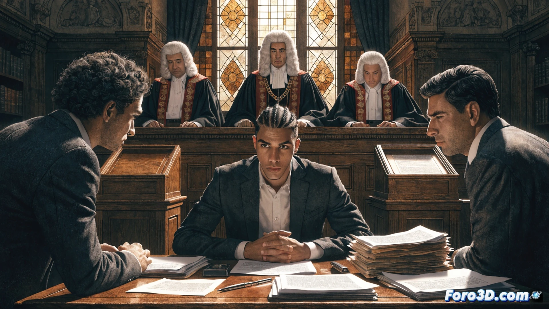 photorealistic courtroom scene showing a footballer in a dark suit standing before a high French court, his hand resting on a legal document folder, judges in red robes visible behind a wooden bench, gavel on the desk, scales of justice statue on the side, dramatic cinematic lighting from tall windows, shadows emphasizing tension, technical legal environment with microphones and case files, ultra-detailed wood grain and fabric textures, photorealistic architectural rendering