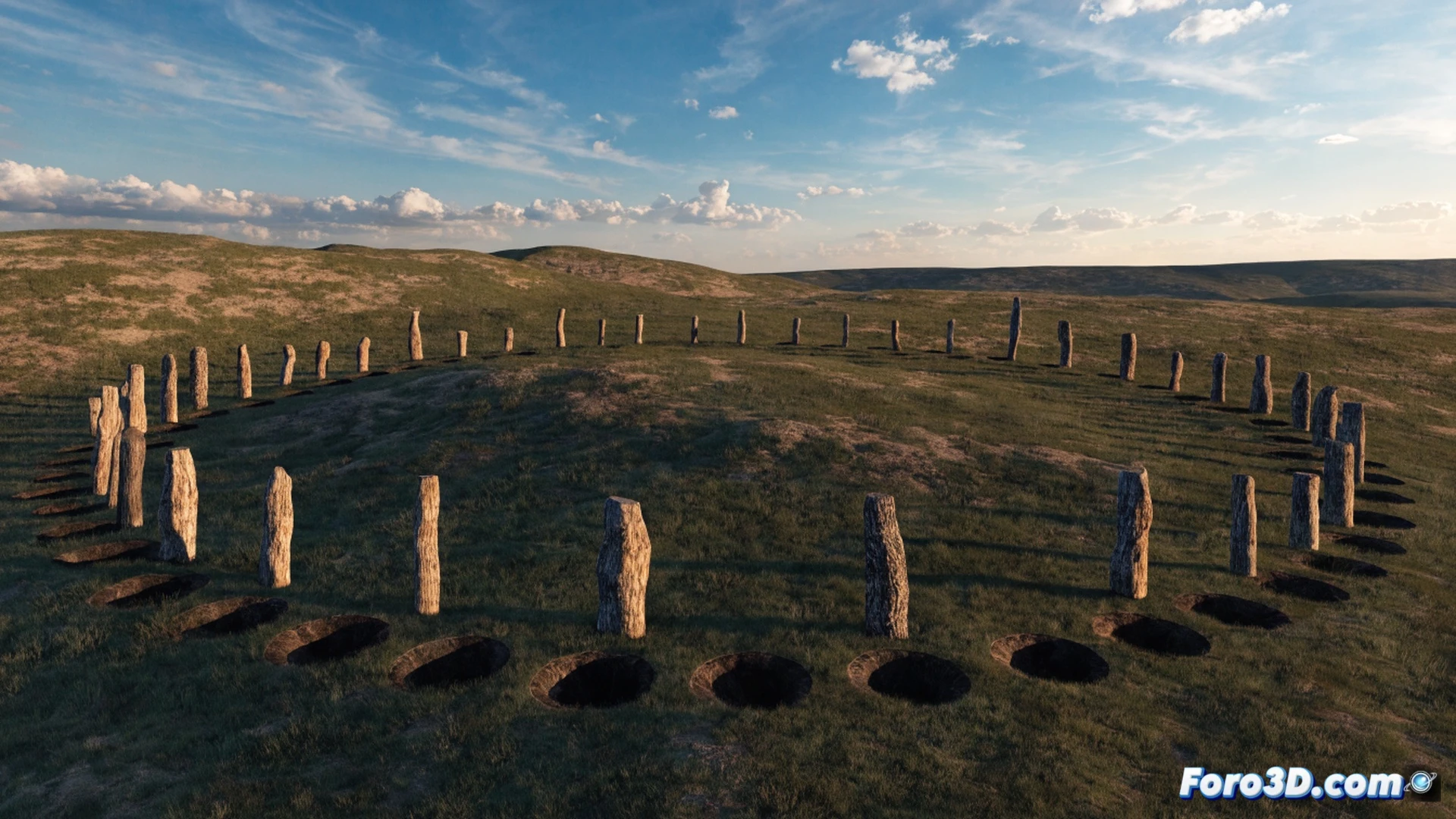 Neolithic solar circle excavation at Bulford, 48 ritual pits and two wooden posts being uncovered by archaeologists using trowels and brushes, sunrise alignment during summer solstice casting long shadows across the site, measuring tapes and surveying equipment placed near post holes, photorealistic archaeological illustration, golden dawn light illuminating exposed chalk soil, dramatic low-angle perspective showing post shadows aligning with pit circles, dust particles floating in warm morning air, detailed soil strata visible around cut features, cinematic documentary style, ultra-detailed ground texture, historical reconstruction atmosphere