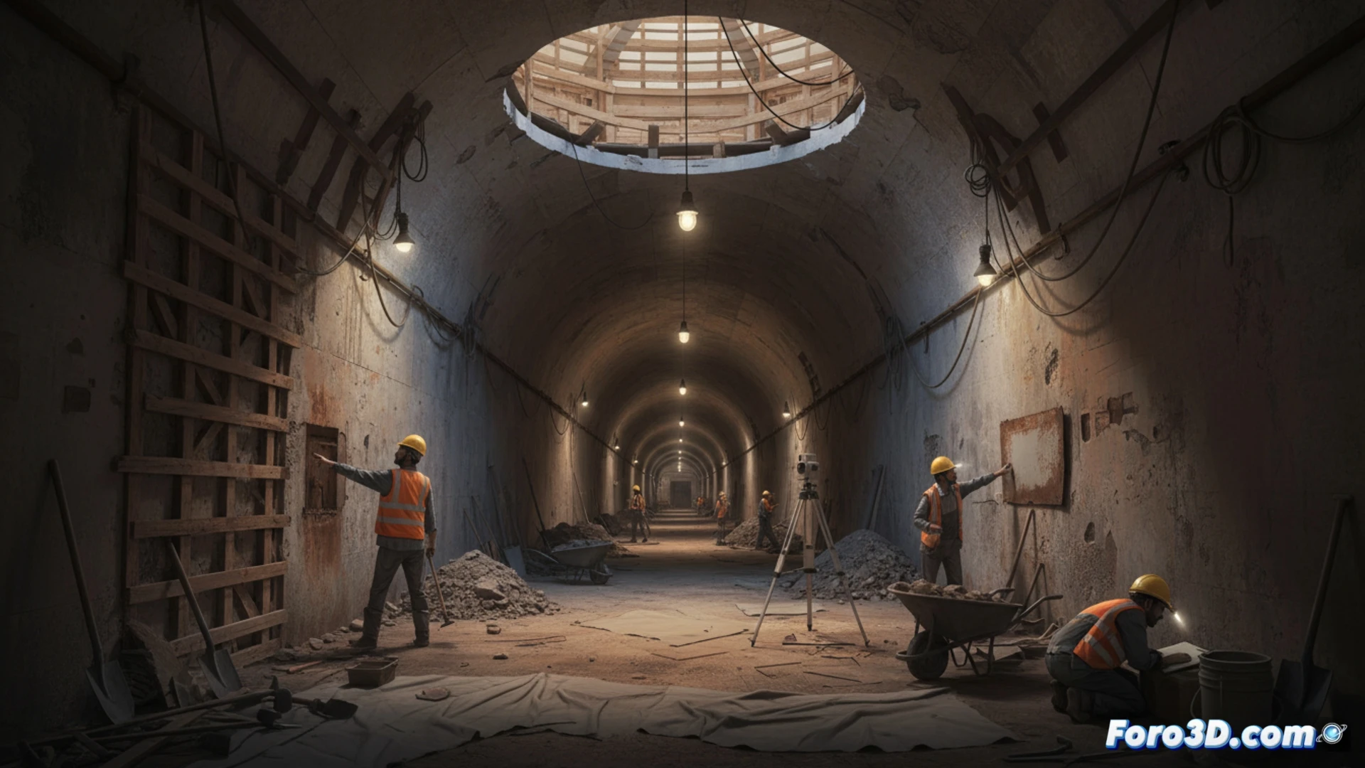 construction workers uncovering a concrete stairwell leading down into a dark unfinished underground shelter, 68-meter-long tunnel with rough untreated walls, exposed rebar and gravel floor, portable LED work lights casting harsh shadows, measuring tape and surveying equipment on tripod, one worker holding a tablet documenting the structure, another inspecting a corroded ventilation shaft, photorealistic technical illustration, cinematic lighting, damp concrete texture, dust particles in the air, archaeological excavation atmosphere, high detail industrial scene