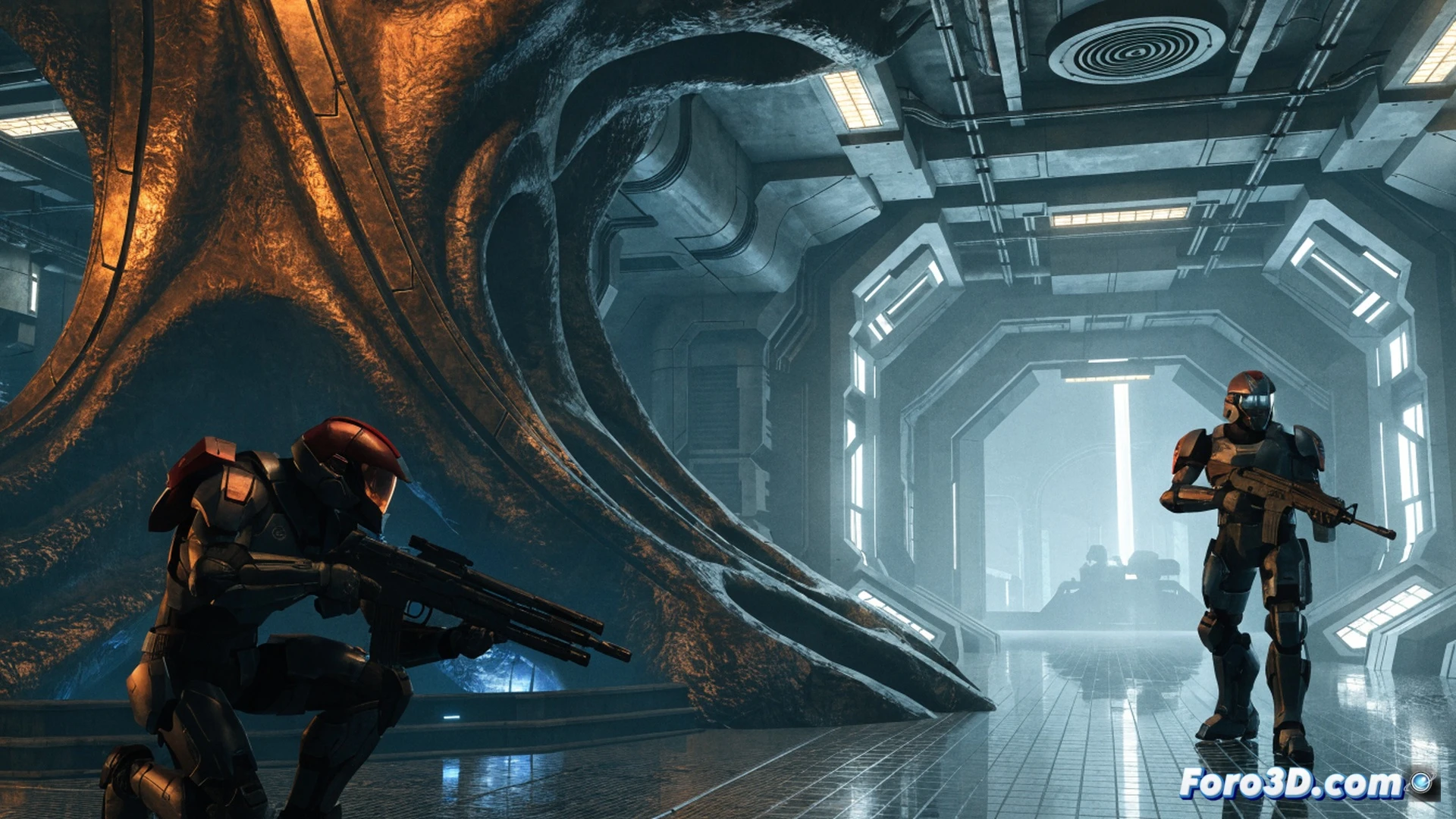 Halo 2 multiplayer revival scene, classic Covenant energy sword clashing with a Battle Rifle mid-air during a server reconnection, player character standing on a Forerunner map platform while a modern server browser interface hologram floats nearby, showing ping and player count, high-definition resolution upgrade demonstrating crisp textures on the original game assets, nostalgic blue shield flare and particle effects from plasma fire, cinematic photorealistic visualization, dynamic action freeze-frame with motion blur on weapon impacts, glowing network connection lines tracing from the player to a restored server icon, dark metallic sci-fi corridor background with warm ambient light, ultra-detailed Spartan armor and weapon models, dramatic contrast between old-school HUD elements and new HD rendering, technical illustration style