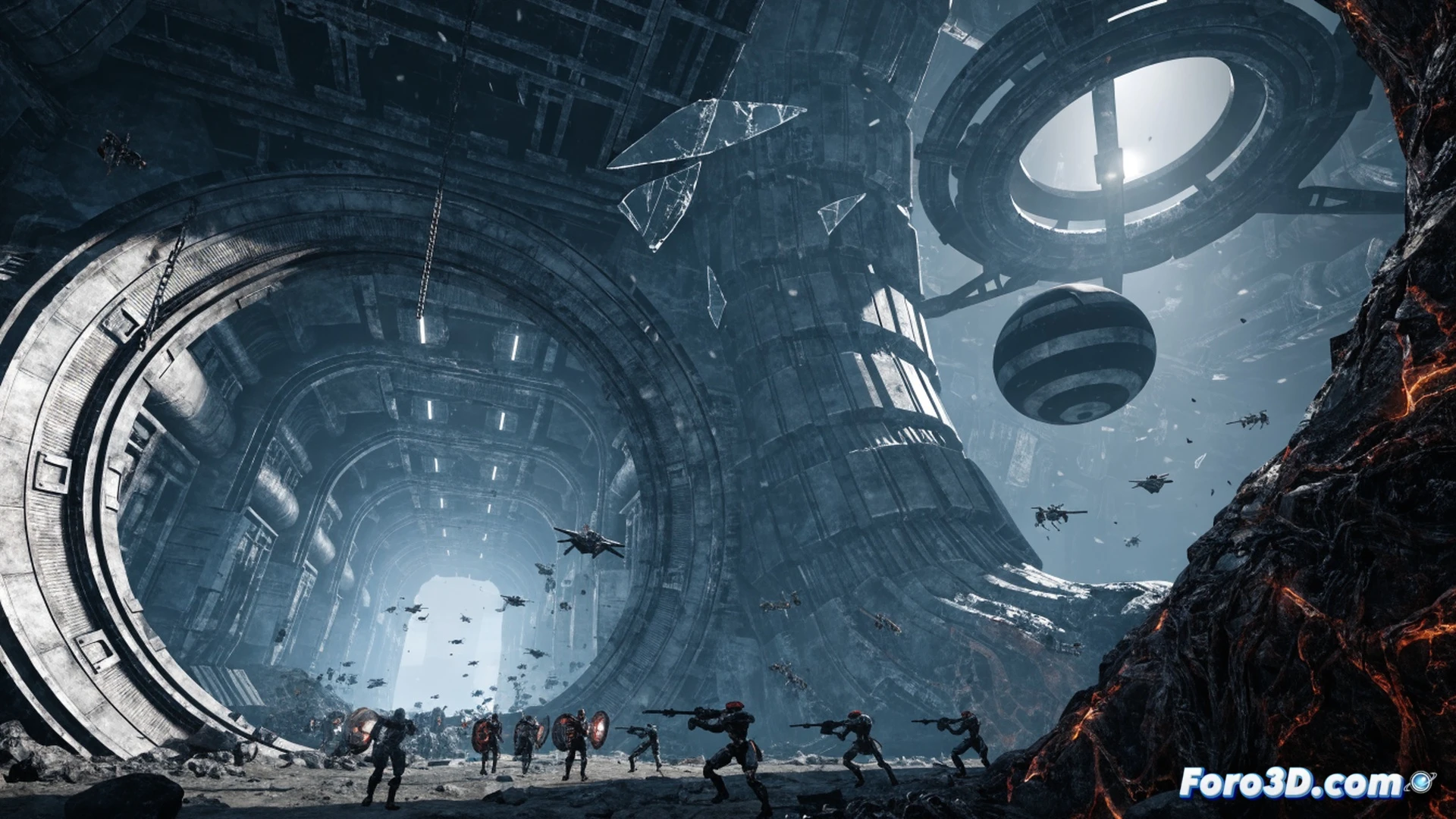 Master Chief in green armor stands inside a Forerunner corridor, aiming an assault rifle at a new Flood form with glowing tendrils, while a holographic interface floating beside him displays Unreal Engine 5 Lumen lighting and Nanite geometry wireframes, showing the game code running in real-time, photorealistic cinematic visualization, dramatic blue and orange lighting, metallic walls with intricate alien glyphs, particle effects from weapon fire, dynamic shadows, ultra-detailed textures, technical game engine demonstration