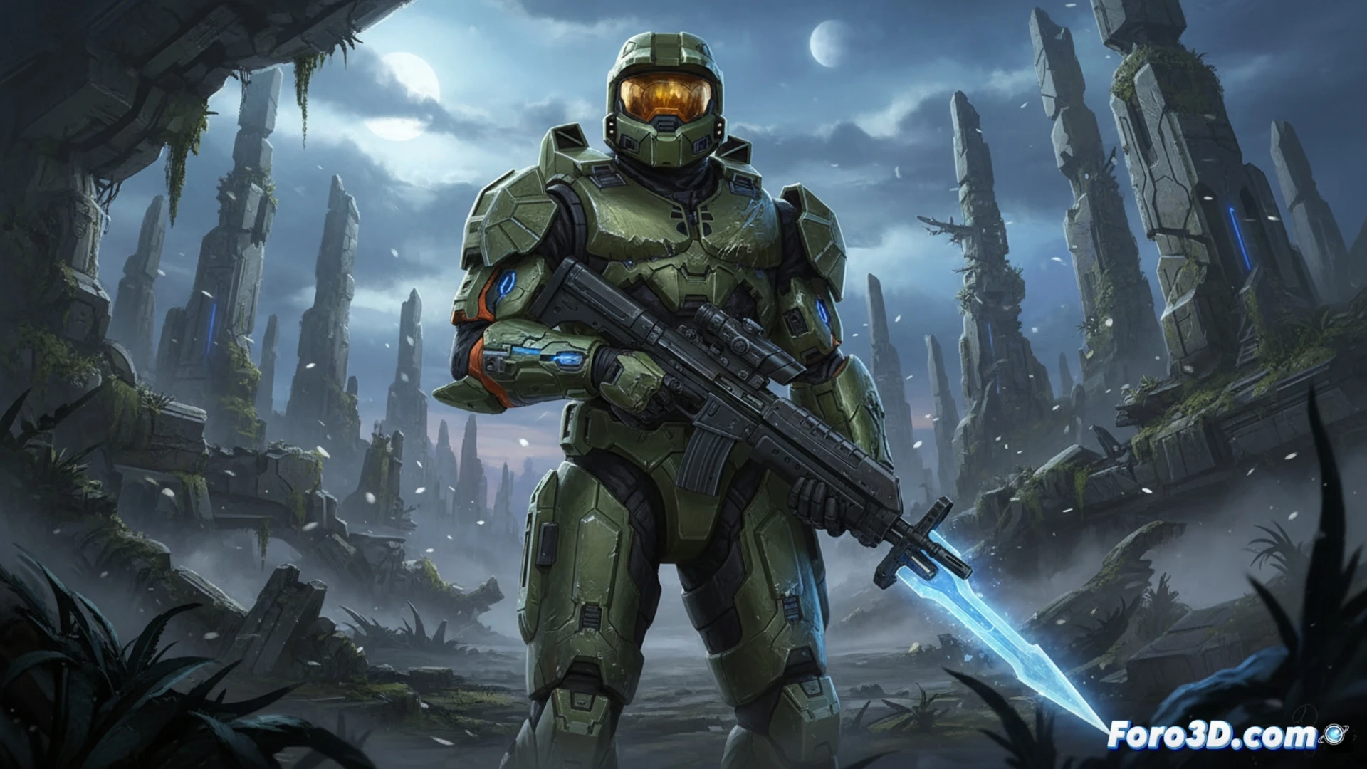 Master Chief in green armor with scratched visor stands on a Halo ring at dusk, holding an assault rifle while a plasma grenade explodes behind him, blue energy bolts from a Covenant Needler mid-air, classic Warthog jeep with missing tire on rocky terrain, Unreal Engine 5 photorealistic lighting, glossy metallic surfaces with real-time reflections, floating debris particles, dust clouds from explosion, cinematic technical visualization, nostalgic sci-fi battle scene, hyper-detailed armor textures, dramatic volumetric fog