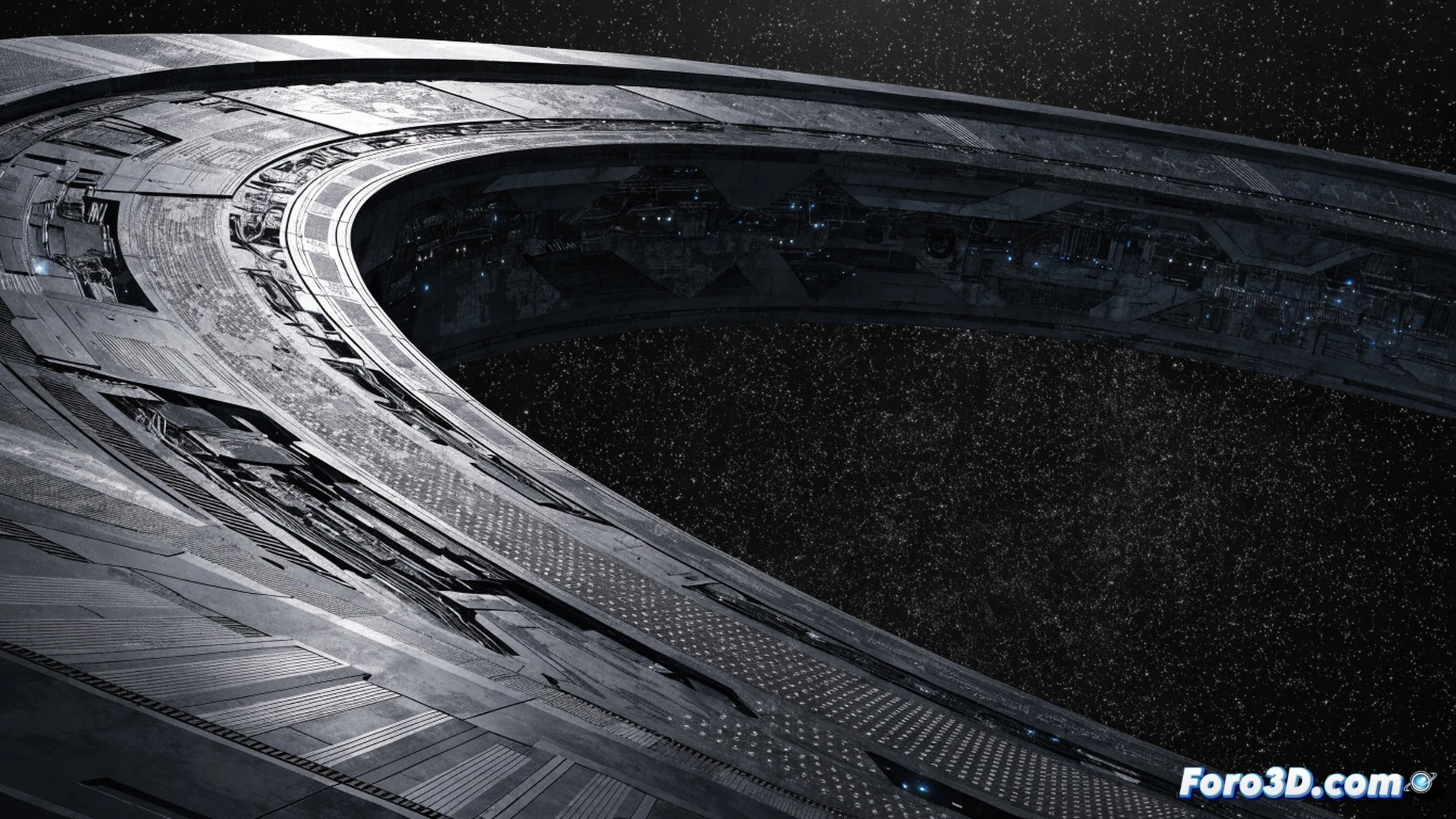 Halo ring interior surface being mapped with high-resolution photogrammetry scanners, two engineers in VR headsets pointing at a holographic 3D model showing ultra-detailed alien textures, while a transparent overlay of the original 2001 ring displays empty smooth geometry beside it, contrasting scale perception, cinematic engineering visualization, glowing wireframe grid on curved metal floor, dramatic blue and orange industrial lighting, photorealistic technical render