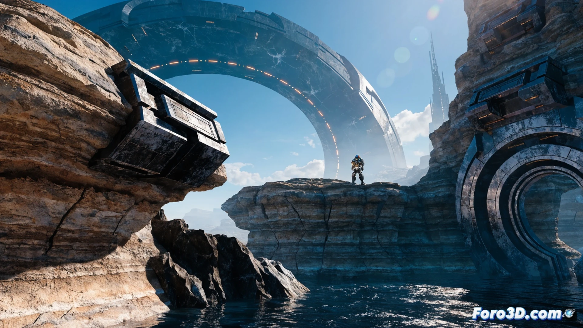 Halo ring landscape reconstruction in Unreal Engine 5 editor viewport, Master Chief standing on a Forerunner structure while Nanite polygon wireframe overlays shimmer across ancient stone pillars and grass blades, a Warthog driving through a canyon with real-time dynamic shadows and Lumen global illumination, green and gold covenant energy shields reflecting light, cinematic technical visualization, ultra-detailed photorealistic textures, floating debris particles during a plasma explosion, engineering UI panels showing polygon count and frame rate, dramatic sunset lighting with volumetric fog, high-fidelity next-gen game engine demonstration