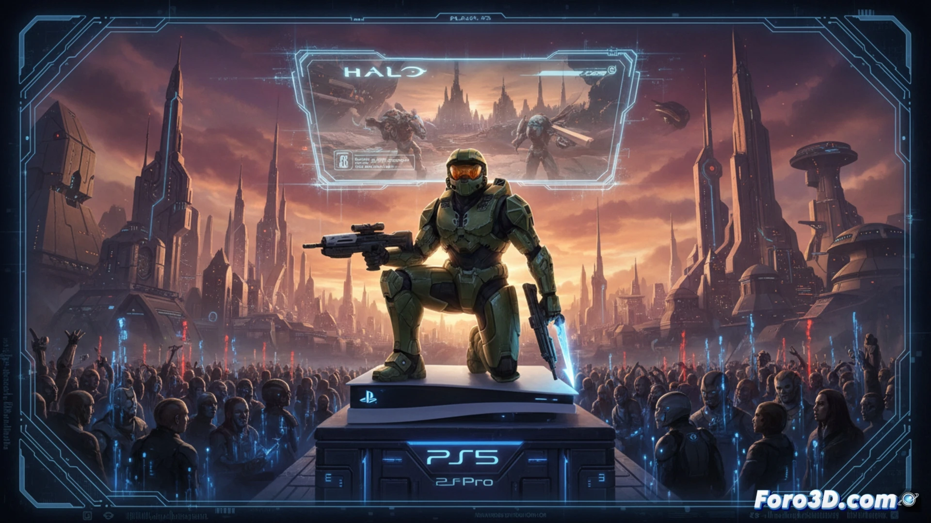 Halo Jefe Maestro con armadura verde digitalmente renderizado sosteniendo un mando de PlayStation 5 Pro, consola plateada con rayas negras encendida sobre una mesa de laboratorio, cables de conexión HDMI y USB-C visibles, pantalla de monitor mostrando interfaz de depuración de software con gráficos de rendimiento y barras de carga, fondo de estudio técnico con luces LED azules, teclado mecánico y herramientas de desarrollo, estilo cinematic photorealistic, iluminación dramática de estudio, sombras suaves, texturas metálicas reflectantes, acción de transición entre plataformas