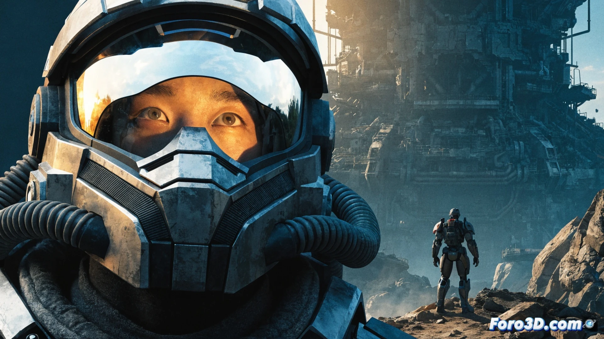 Jungle ruins at dusk, Jun-A266 in Mark V[B] armor crouched behind a shattered concrete pillar, aiming a BR75 battle rifle at a Banished Phantom dropship hovering low, energy shields flickering as plasma bolts impact nearby, a wounded civilian clutched behind him, holographic tactical map projected from his wrist showing extraction coordinates, dense smoke and ember particles drifting, cinematic photorealistic style, dramatic chiaroscuro lighting from engine glow, motion blur on rotor blades, metallic armor scratches and dirt, ultra-detailed environmental debris, gritty warzone atmosphere