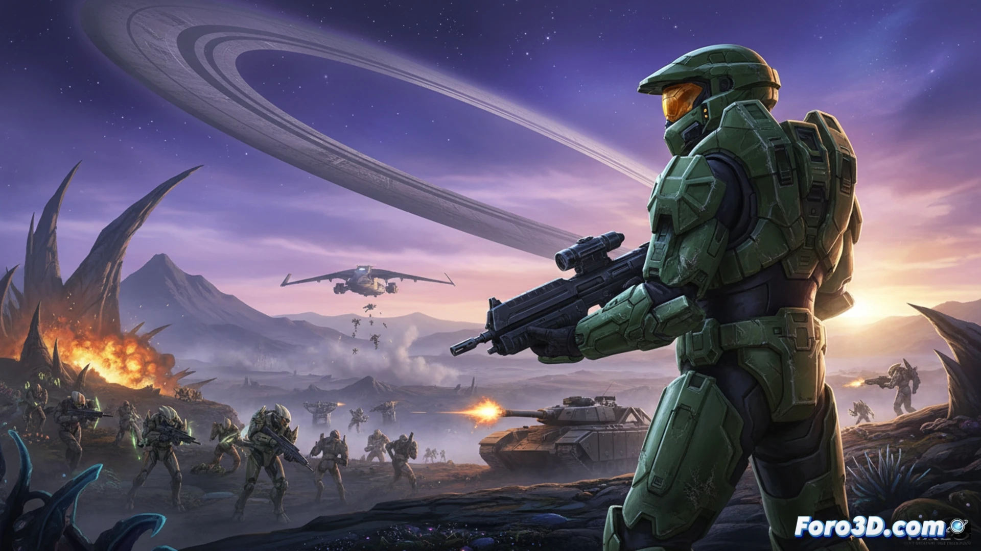 Master Chief in updated Mark VI armor aiming assault rifle from third-person over-the-shoulder perspective, HUD showing shield recharge and motion tracker, energy sword glowing on hip, destroyed Covenant Wraith tank smoking in background, Halo ring visible through shattered glass ceiling, cinematic photorealistic visualization, dramatic god rays through dust particles, dynamic pose showing crouched movement, ultra-detailed armor scratches, realistic lighting on metallic surfaces, particle effects from plasma impacts, next-gen graphical fidelity, Unreal Engine 5 style render