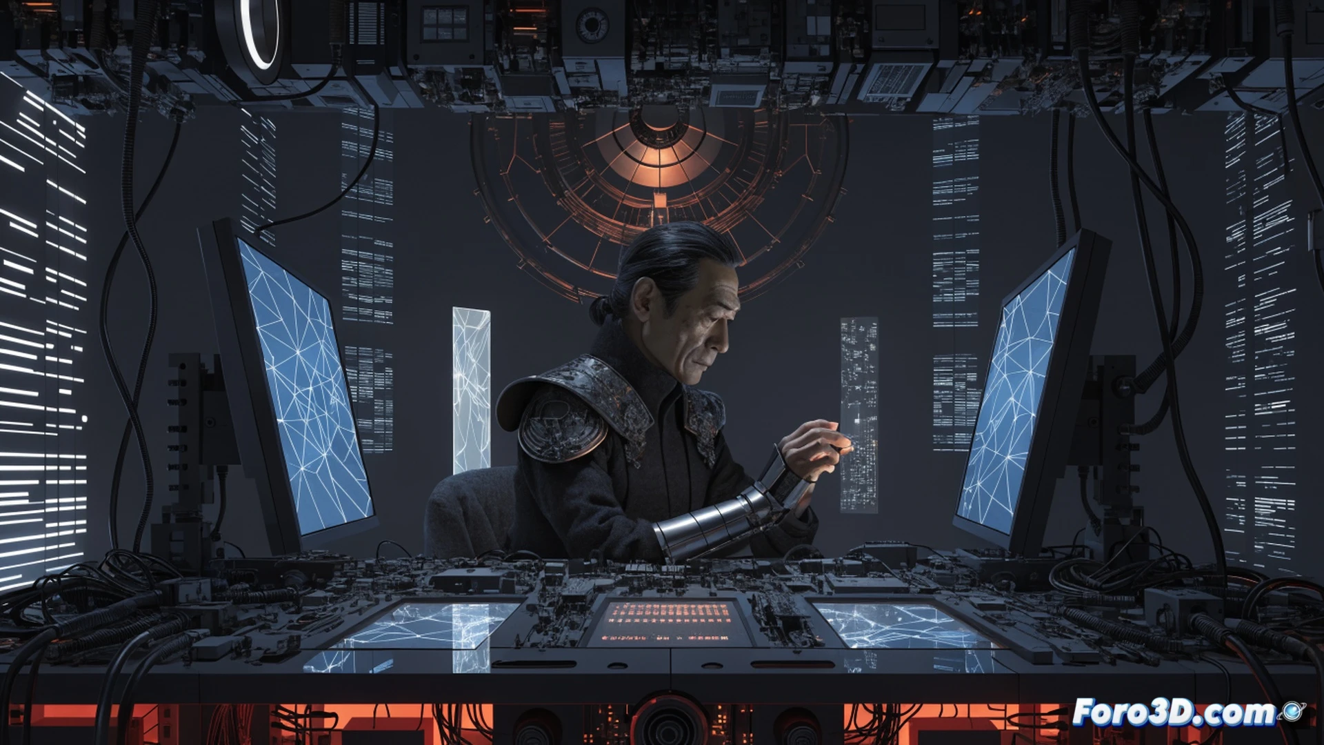 Naoki Hamaguchi sentado frente a una pantalla de diseño de RPG, manos sobre un teclado con líneas de código y un boceto de personajes fantásticos, mostrando un monitor con un mundo abierto inacabado, mientras un prototipo de consola y un cuaderno de notas con planos de juego están sobre la mesa, durante una sesión de desarrollo nocturna, estilo cinematográfico fotorrealista, iluminación azul de pantalla mezclada con luz cálida de lámpara, reflejos metálicos en hardware, texturas de papel arrugado y plástico, ultra detallado.