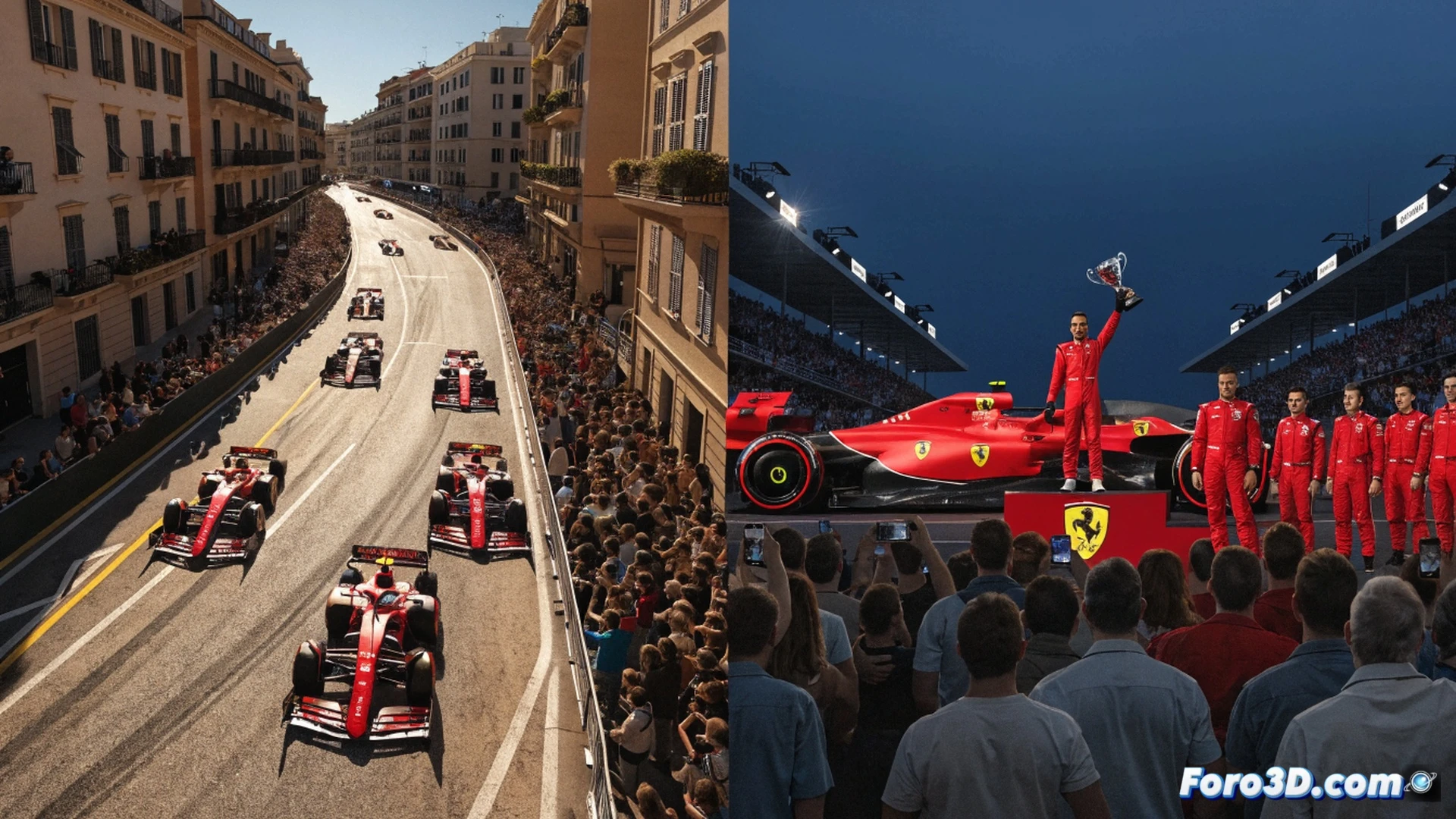 Ferrari SF-25 monoplaza rojo cruzando la curva 9 de Barcelona a alta velocidad, neumáticos traseros humeantes durante la aceleración, difusor trasero deformando el flujo de aire con vórtices naranjas visibles, casco de Hamilton con el número 44 girando hacia la cámara mientras levanta el brazo izquierdo, alerón delantero con flaps en posición máxima carga, pastillas de freno al rojo vivo tras el giro, asfalto rugoso con marcas de goma, boxes de Ferrari al fondo con ingenieros celebrando, cinematic engineering visualization, luz dorada del atardecer, profundidad de campo reducida, texturas metálicas y de carbono hiperrealistas, photorealistic technical render.