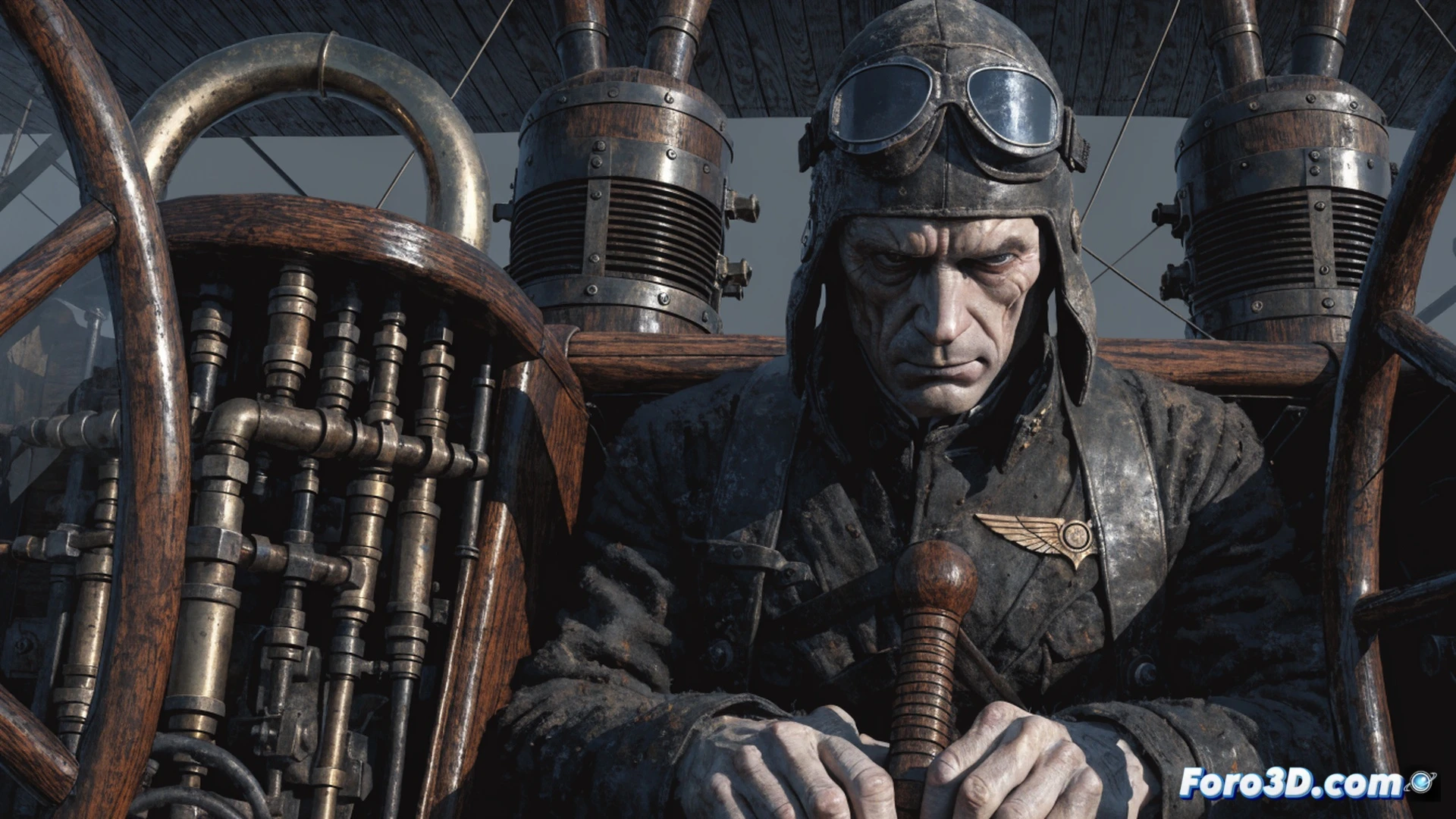 biplane diving through thick clouds over a smoky battlefield, pilot gripping joystick with leather gloves, Fokker D.VII wing struts bending under G-force, engine oil streaks on fuselage, machine gun barrels glowing from rapid fire, torn fabric on wing revealing wooden ribs, pilot s clenched jaw visible through goggles, cinematic war illustration style, dramatic storm clouds, distant artillery explosions on ground, motion blur of propeller blades, photorealistic vintage aircraft render, tense aerial combat moment