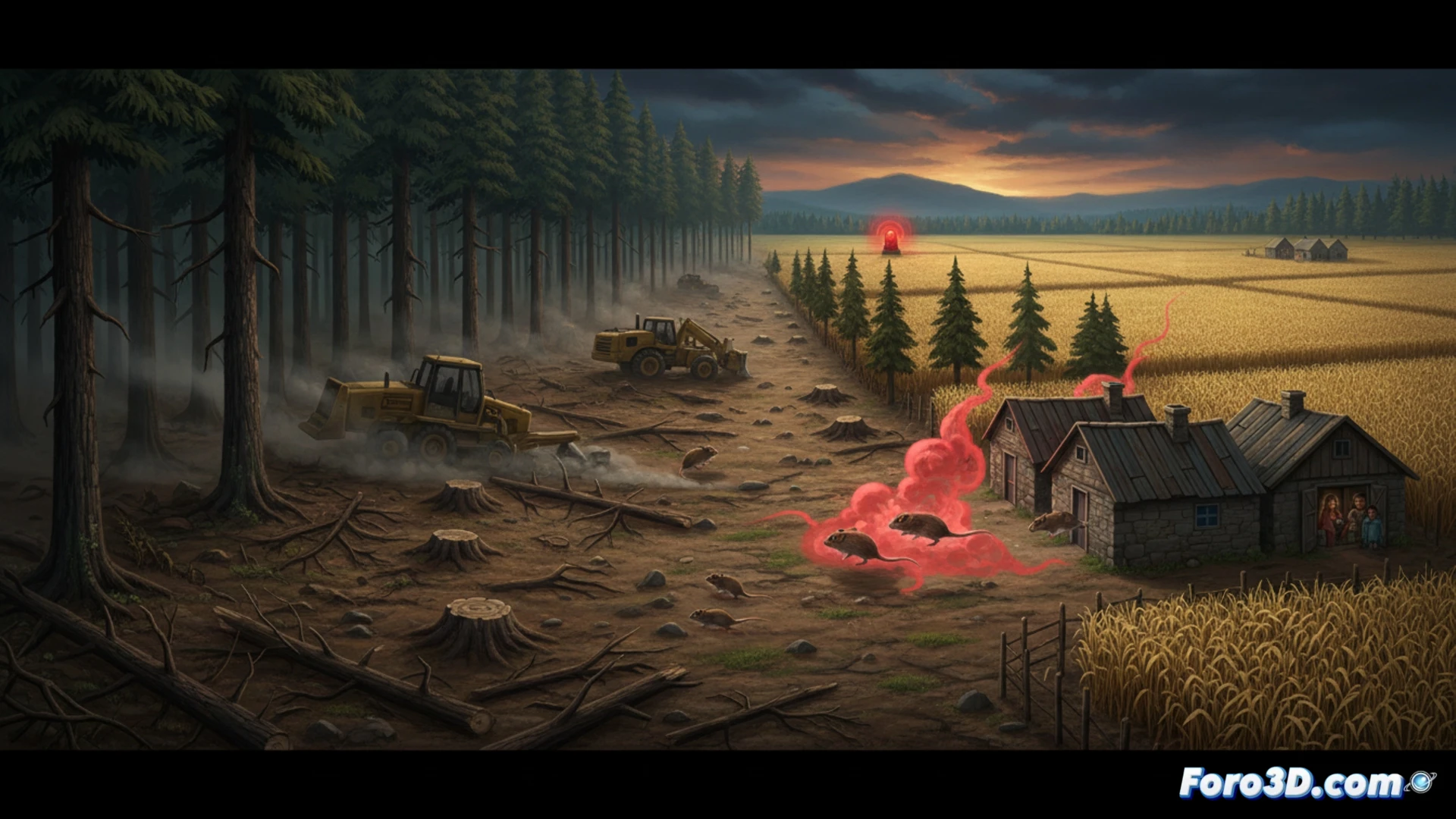 aerial view of fragmented Patagonian forest with sharp edges of deforestation, bulldozers clearing land near a small rural house, wild rodents emerging from destroyed undergrowth and moving toward the house, smoke from agricultural burning in background, cinematic environmental documentary style, dramatic overcast sky, muddy tire tracks cutting through exposed soil, contrast between green canopy and brown barren patches, photorealistic satellite-like perspective, urgent atmosphere, technical illustration of ecological collapse