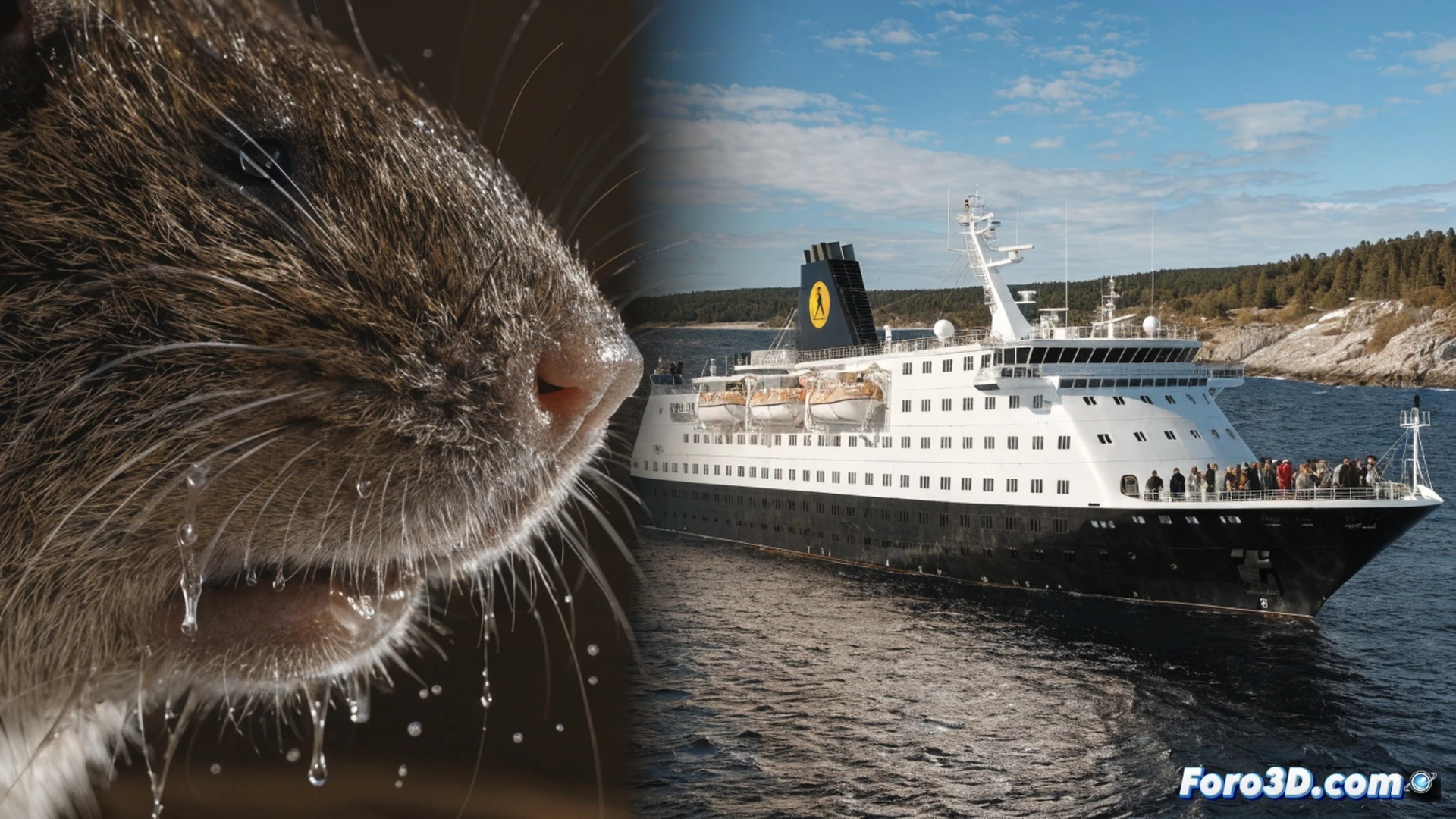 photorealistic technical illustration of a cruise ship docked in Ushuaia harbor, scientists in hazmat suits collecting rodent samples near cargo containers, a glowing genetic sequencing monitor showing two distinct viral RNA strands being compared, one strand marked with a red cross over the ship, the other with a green check over local terrain, while a digital map of Tierra del Fuego displays surveillance zones, cinematic lighting with cold blue tones, misty Patagonian mountains in background, ultra-detailed laboratory equipment and ship infrastructure, engineering visualization style