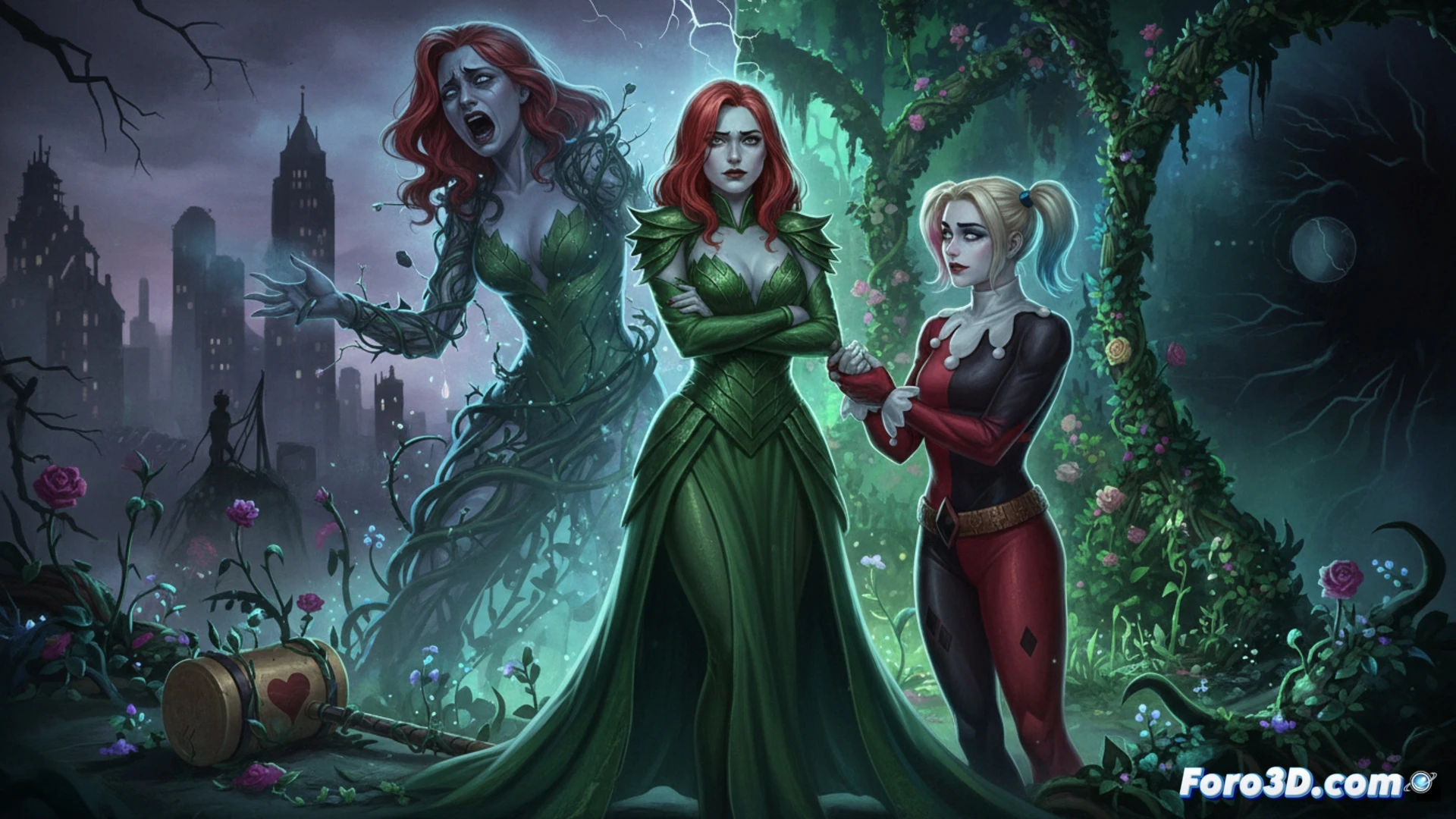 Poison Ivy gripping Harley Quinn's jacket sleeve in a rain-soaked alley, Ivy's face showing panic while Harley points toward a distant explosion, destroyed botanical experiment equipment scattered on wet asphalt, green vines retracting rapidly from broken glass beakers, cinematic emotional visualization, dramatic noir lighting, raindrops hitting leaves and metal debris, Ivy's lip trembling, Harley's expression conflicted, photorealistic character render with comic-style color accents, deep shadows emphasizing isolation
