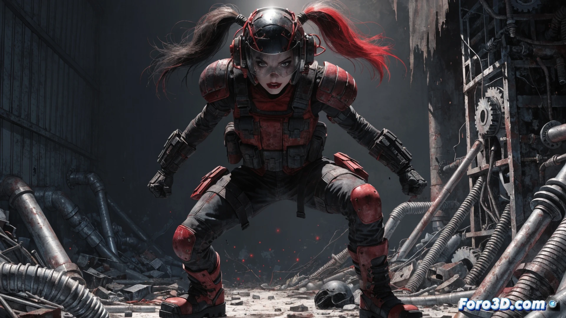 Harley Quinn en armadura táctica roja y negra durante un asalto urbano nocturno, hombreras blindadas y guantes metálicos reflejando destellos de explosiones lejanas, botas robustas pisando escombros humeantes, chaleco antibalas con correas y bolsillos tácticos, martillo de guerra con marcas de impacto, fondo de Gotham en ruinas con humo y luces de neón rotas, estilo cinematográfico hiperrealista, iluminación dramática con contraluz anaranjada, texturas de metal desgastado y cuero, sombras profundas, detalles de ingeniería en las juntas de la armadura, movimiento congelado mientras balancea el arma, render técnico fotorrealista.